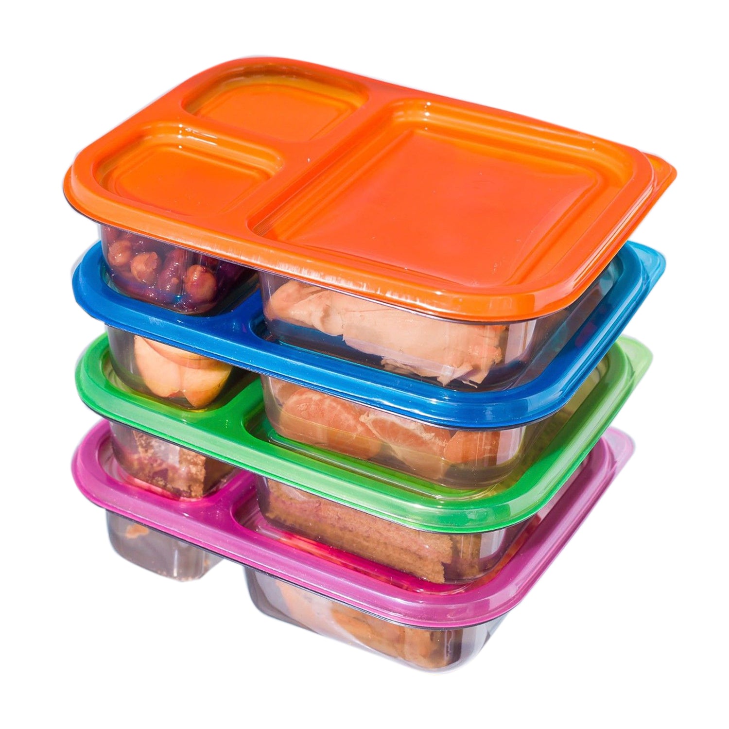 8 Pc Meal Containers Adult Lunch Boxes - 3 Compartment Lunch Containers (Multi Color Lids) - Microwave Safe Containers