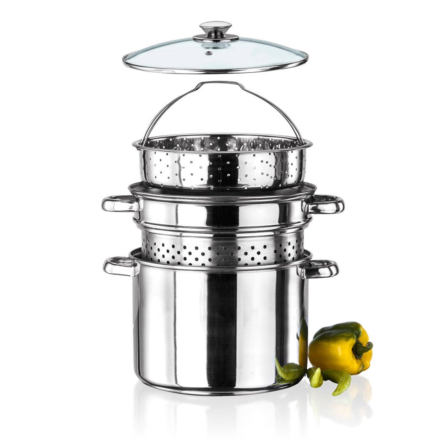 Stainless Steel 4 Pcs Pasta Cooker Set - 8 qt Stock Pot with Steamer Inserts