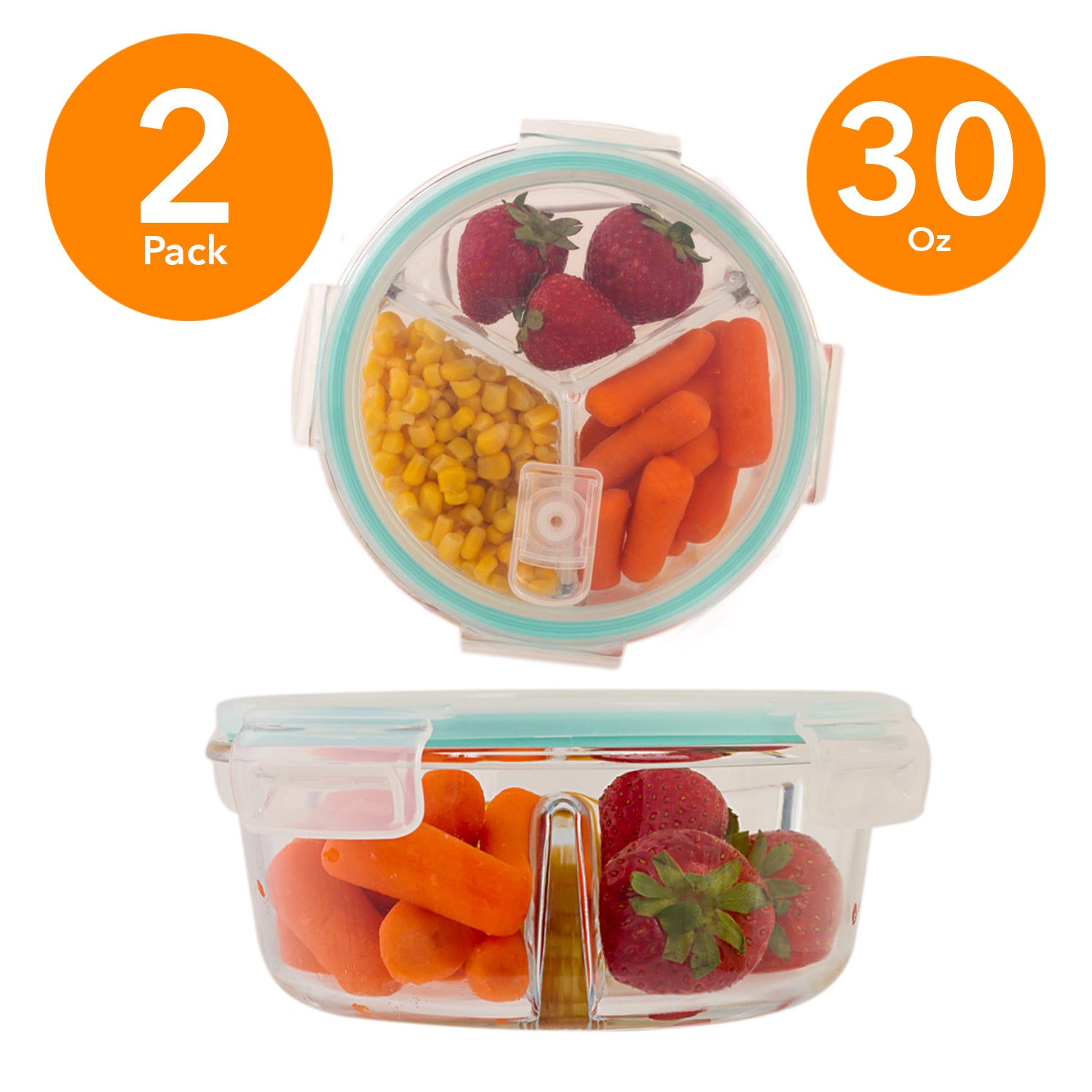 Round 3 Compartment Borosilicate Glass Food Storage Containers - 32 Oz - 2 Pack or 4 Pack