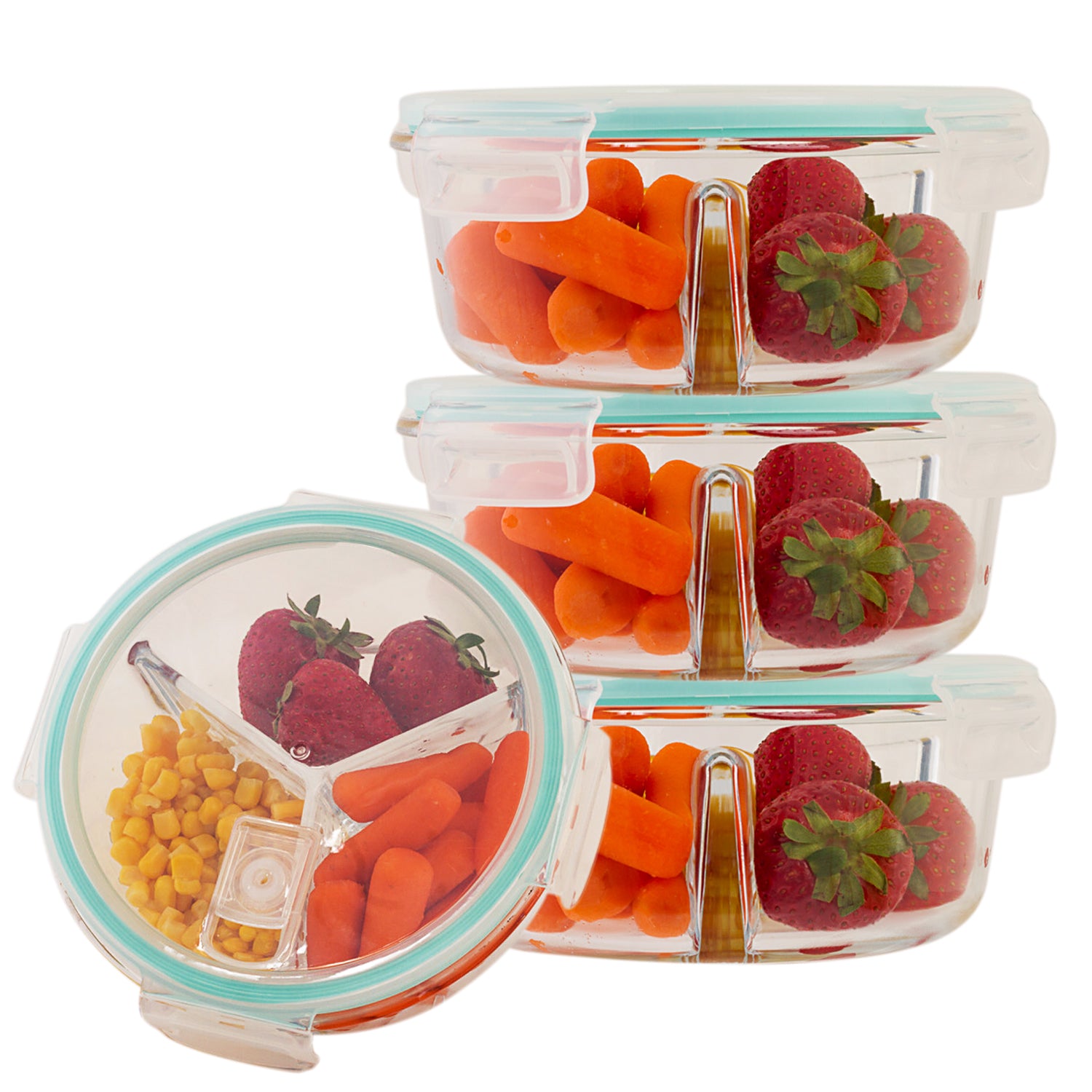 Round 3 Compartment Borosilicate Glass Food Storage Containers - 32 Oz - 2 Pack or 4 Pack