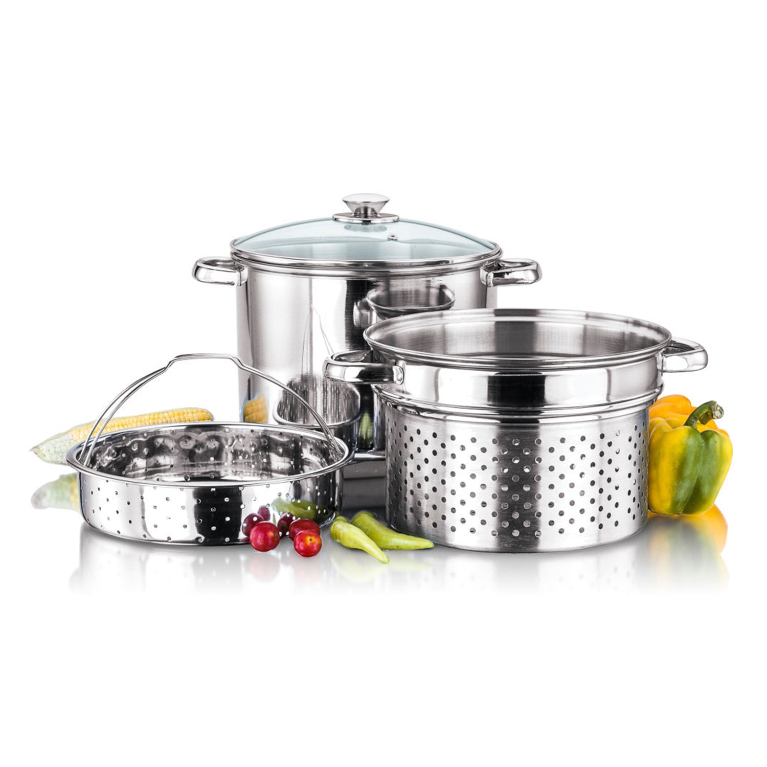 Stainless Steel 4 Pcs Pasta Cooker Set - 8 qt Stock Pot with Steamer Inserts