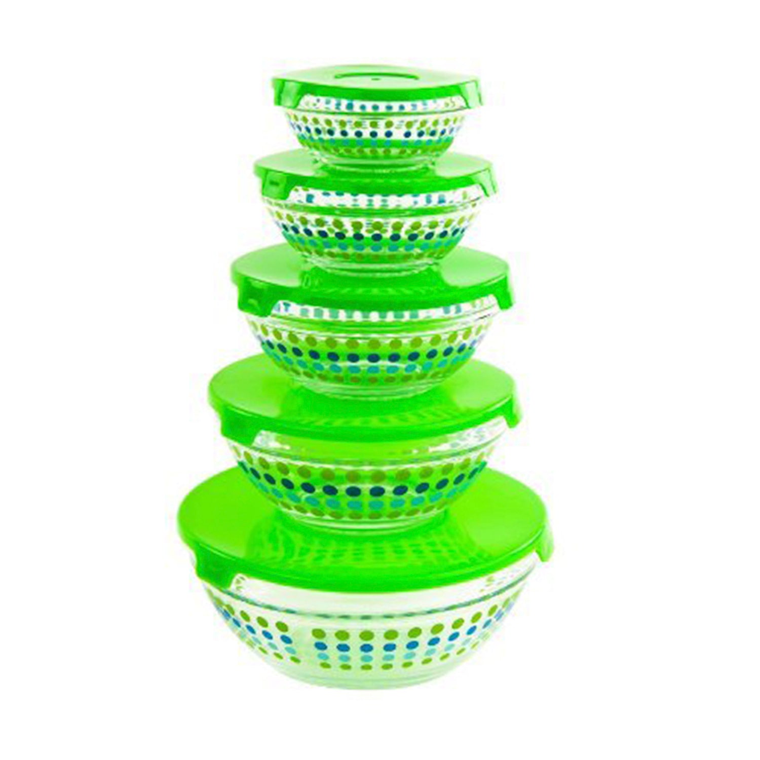 All Purpose Glass Bowls and Food Storage Containers 10 Pcs Set - Glass Lunch Bowls Set with Snap Tight Green Lids (MultiColor Polka Dots)