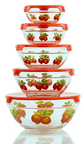 5 Pcs Nested Glass Mixing Bowls Set With Apple Design and Red Lids - Set of 5 Glass Food Storage Containers