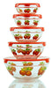5 Pcs Nested Glass Mixing Bowls Set With Apple Design and Red Lids - Set of 5 Glass Food Storage Containers