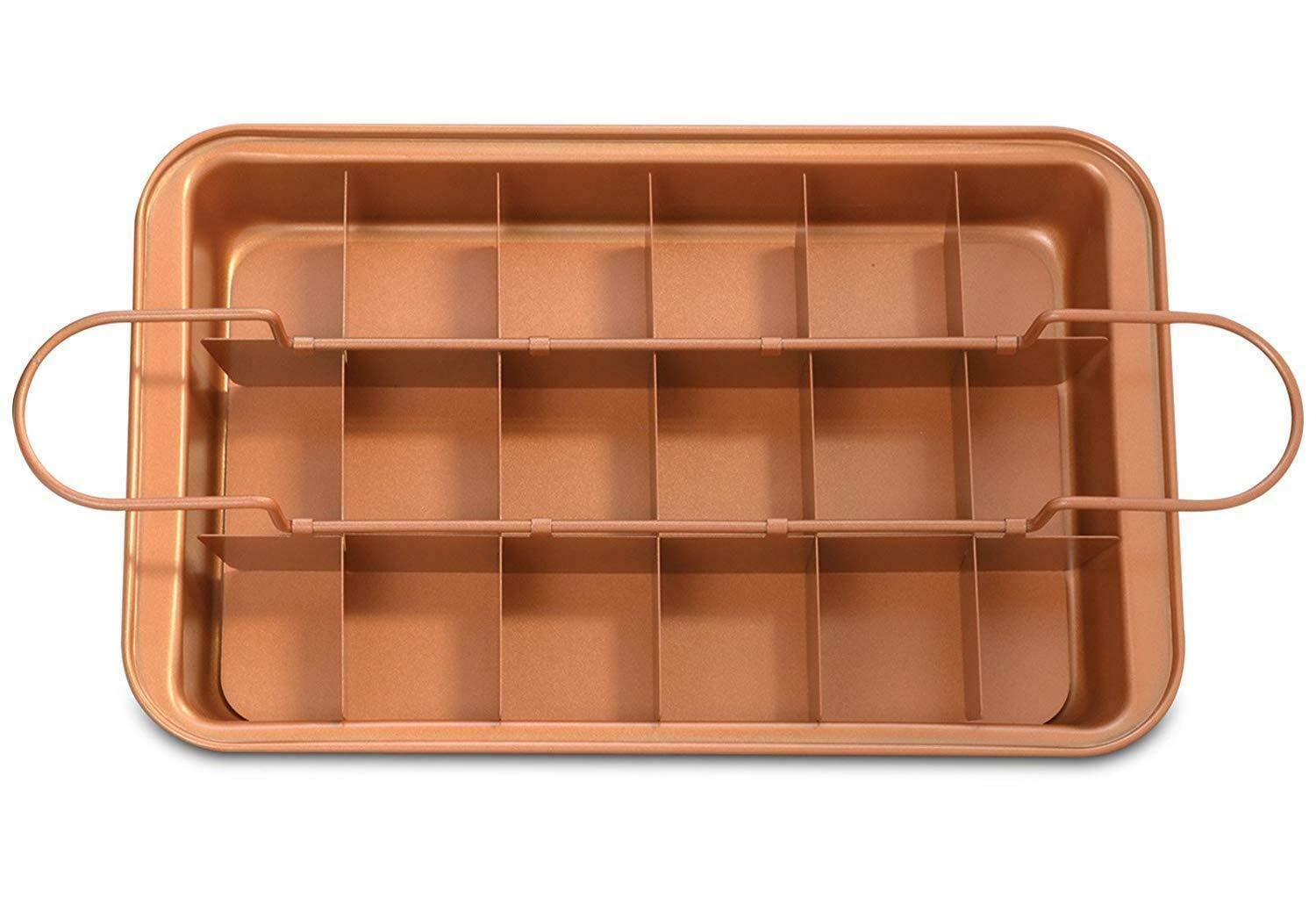 Copper Brownie Pan – 3 pc Perfect Brownie Pan Set - Pan for Brownies with Dividers, Pan, and Serving Plate