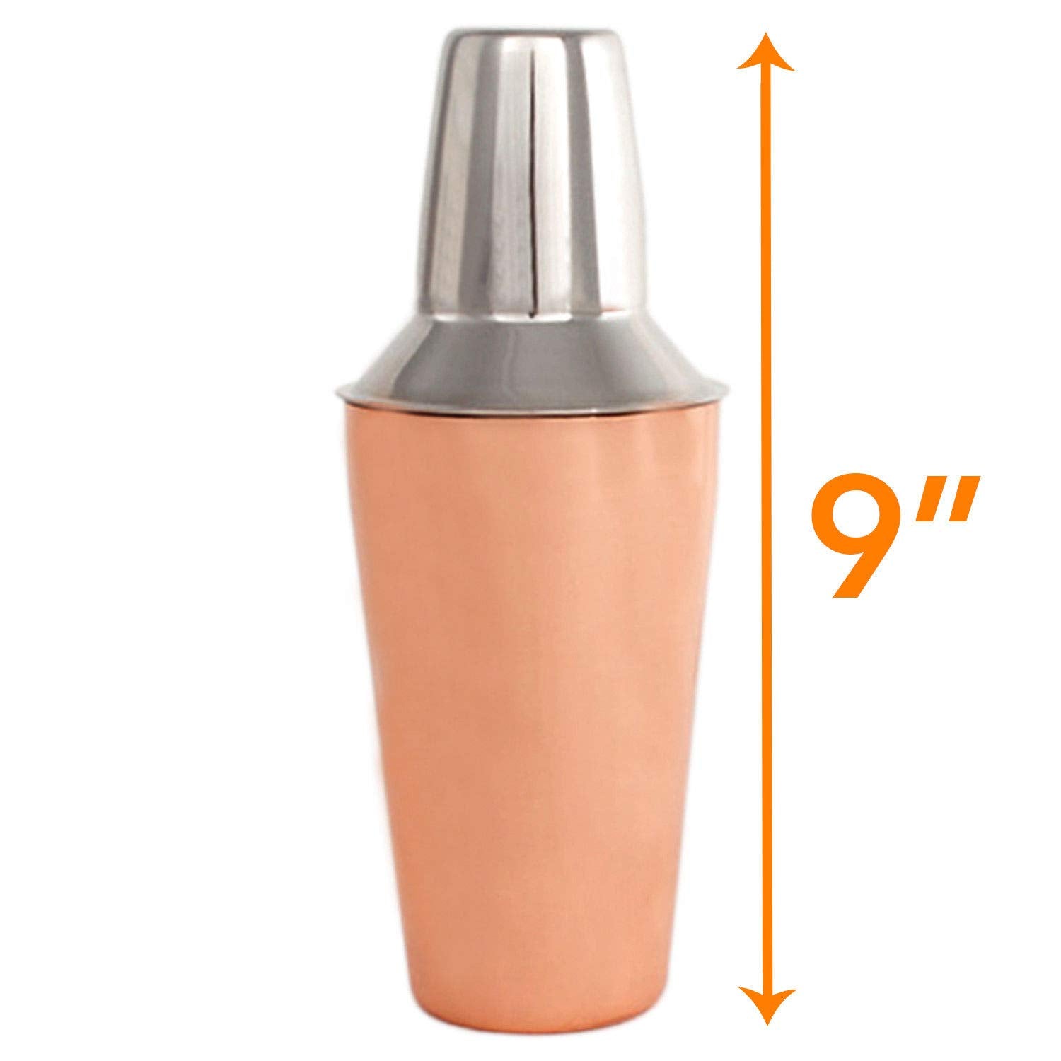 3 pc Copper Stainless Steel Martini Gift Set - 2 Large Martini Glasses and Shaker Set - Copper Martini Shaker Set (Copper)