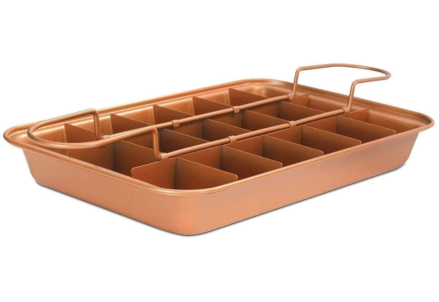 Copper Brownie Pan – 3 pc Perfect Brownie Pan Set - Pan for Brownies with Dividers, Pan, and Serving Plate