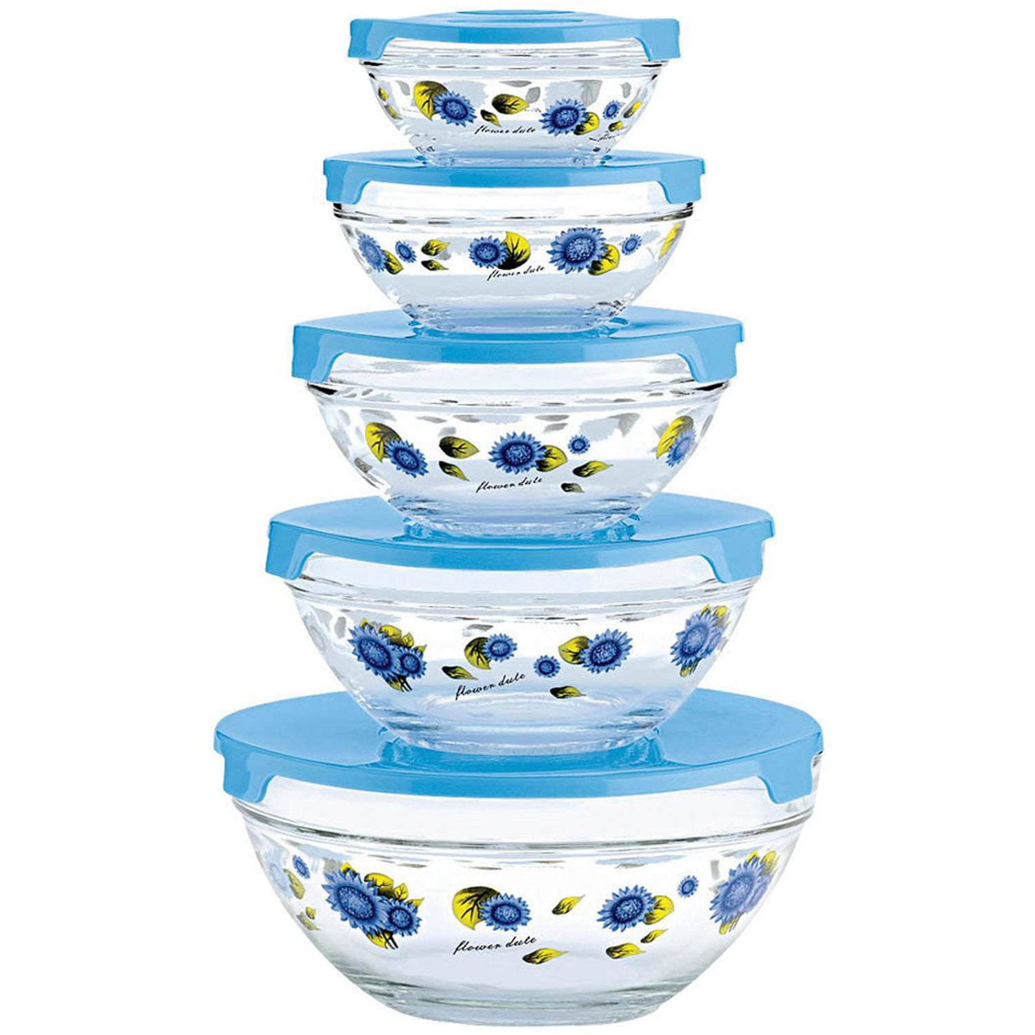 10 Pcs Glass Lunch Bowls Food Storage Containers Set With Lids & Flower Design