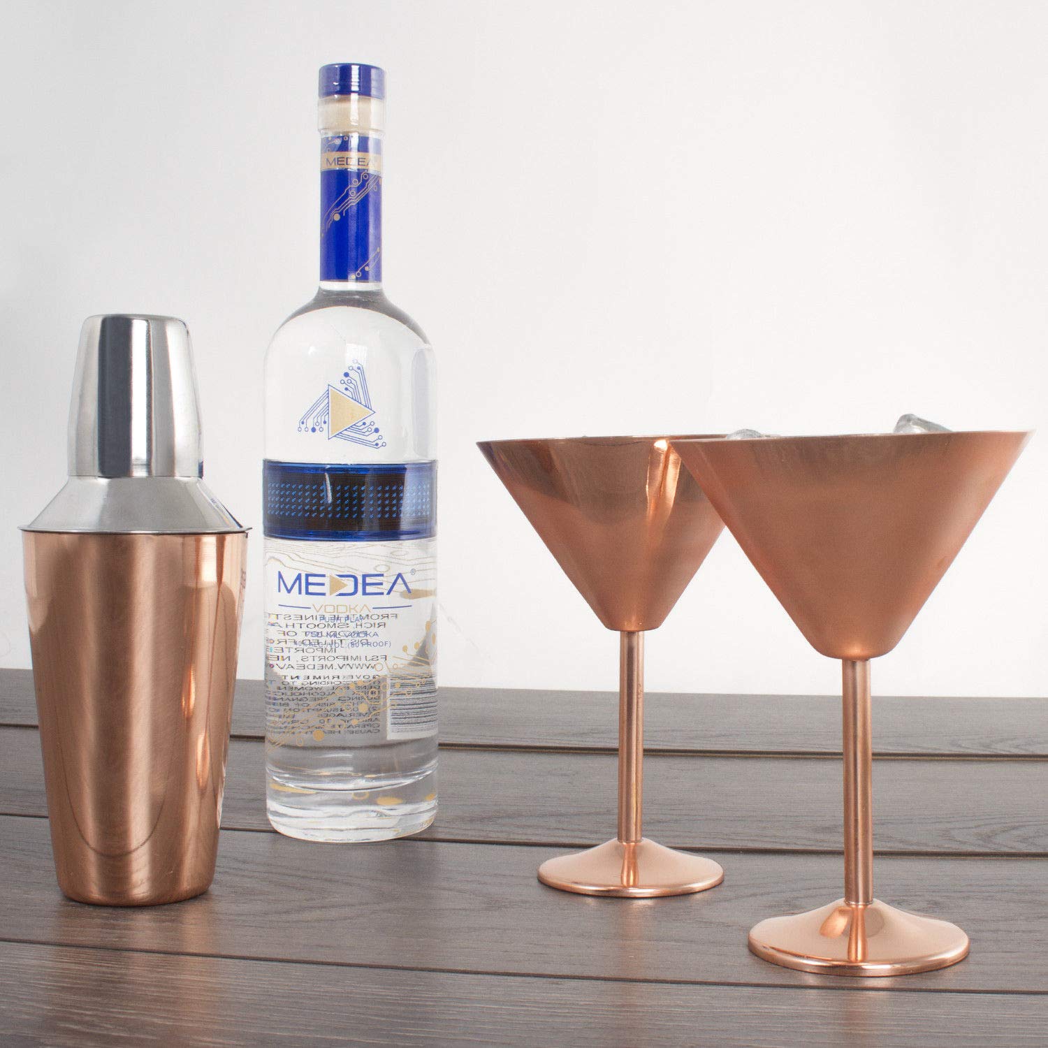 3 pc Copper Stainless Steel Martini Gift Set - 2 Large Martini Glasses and Shaker Set - Copper Martini Shaker Set (Copper)