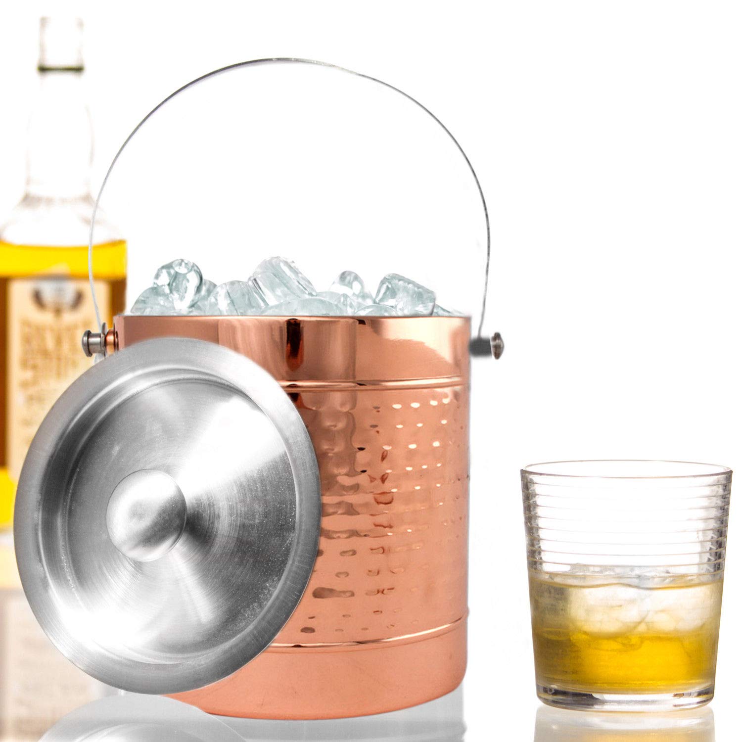 Copper Stainless Steel Double wall Ice Bucket with Lid - Hammered Wine Bottle Cooler Ice Bucket
