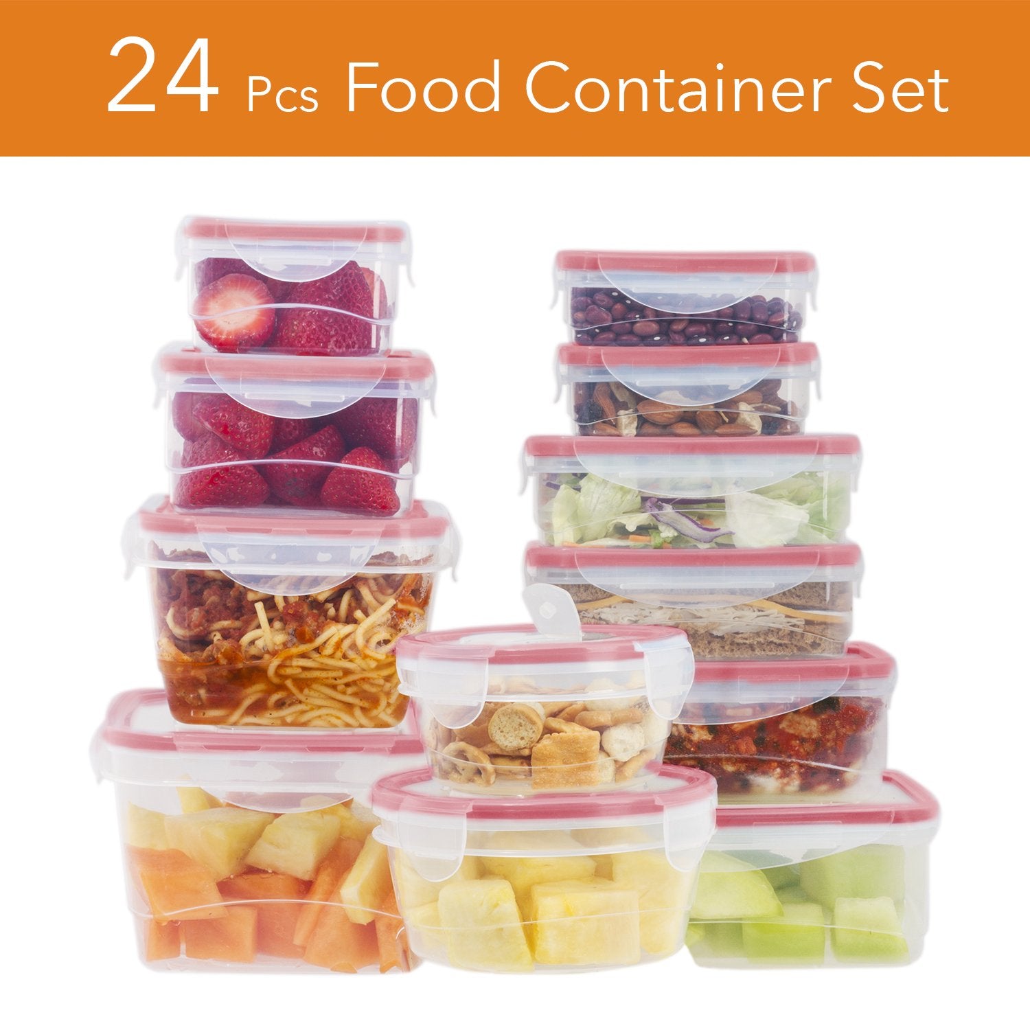 24 Pc Reusable Kitchen Containers w/Vented Lids - Plastic Food Containers - School Office Work Microwavable Containers (Red Lids)