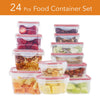 24 Pc Reusable Kitchen Containers w/Vented Lids - Plastic Food Containers - School Office Work Microwavable Containers (Red Lids)