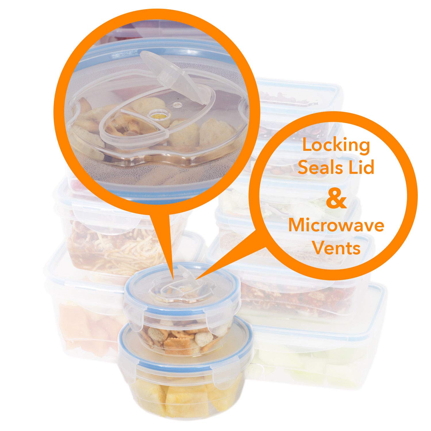24 Pc Reusable Kitchen Containers w/Vented Lids – Plastic Food Containers – Microwavable Containers (Blue Lids)
