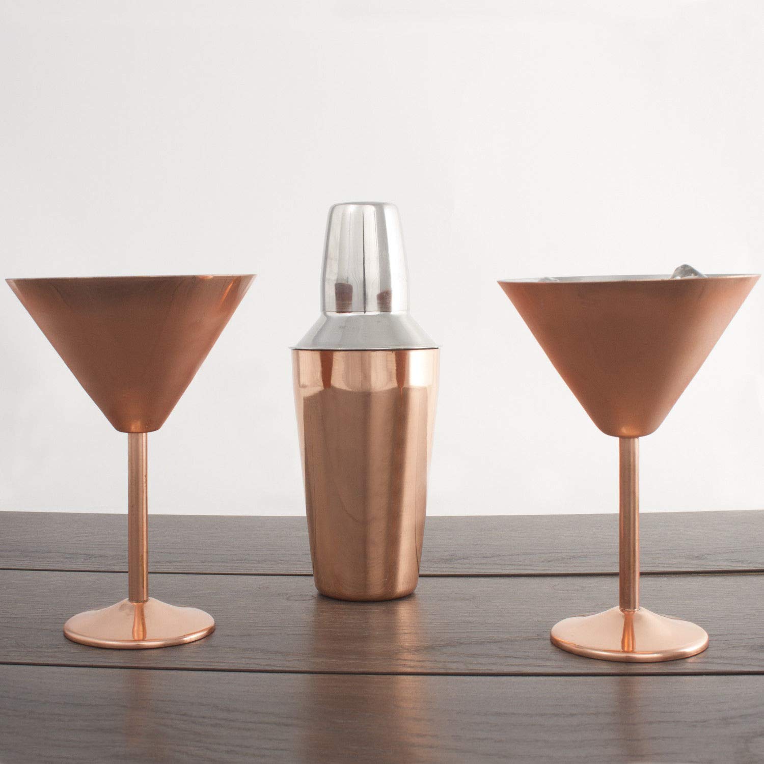 3 pc Copper Stainless Steel Martini Gift Set - 2 Large Martini Glasses and Shaker Set - Copper Martini Shaker Set (Copper)