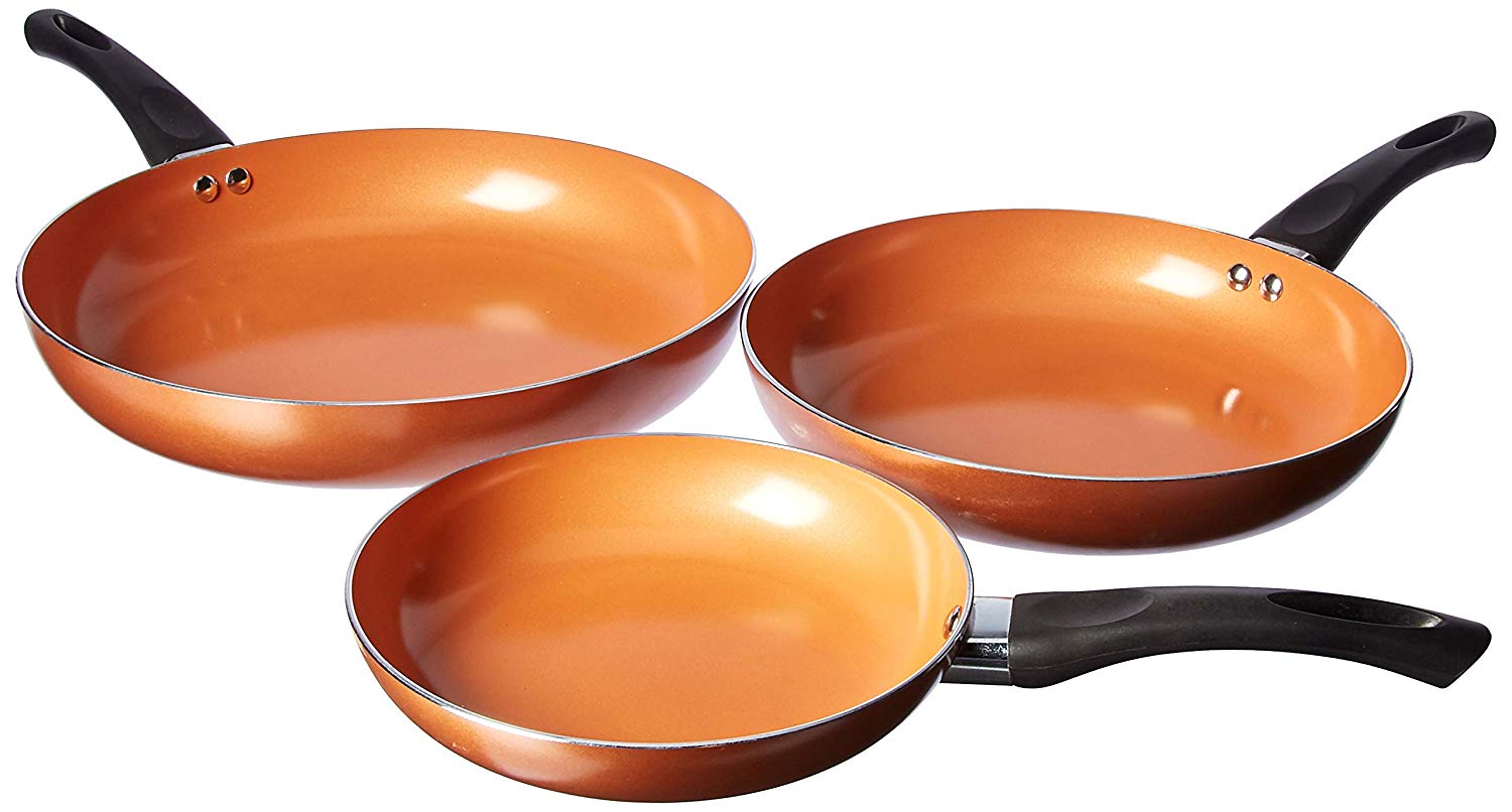 Healthy Nonstick Ceramic Coated Frying Pan - 3 Pcs Eco Friendly Durable Fry Pan Cookware Set (8", 10" & 12" Pans) (Copper Ceramic)