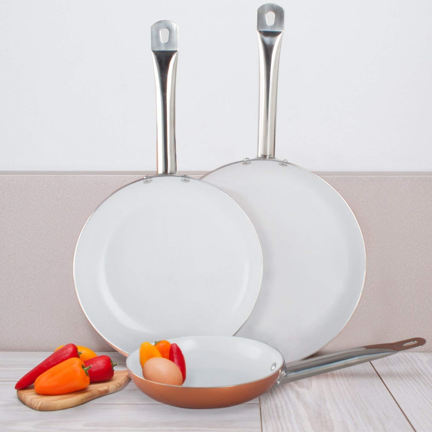 Healthy Nonstick Ceramic Coated Frying Pan - 3 Pcs Eco Friendly Durable Fry Pan Cookware Set (8", 10" & 12" Pans) (Copper Ceramic Coat II)