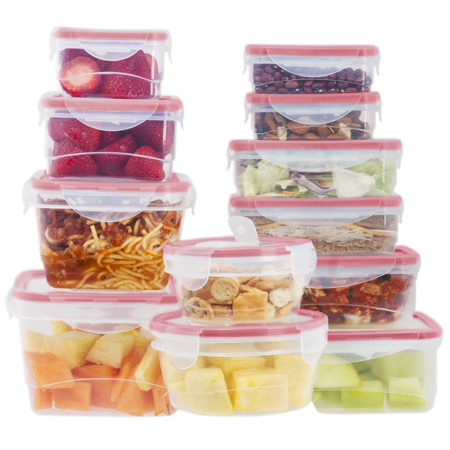 24 Pc Reusable Kitchen Containers w/Vented Lids - Plastic Food Containers - School Office Work Microwavable Containers (Red Lids)