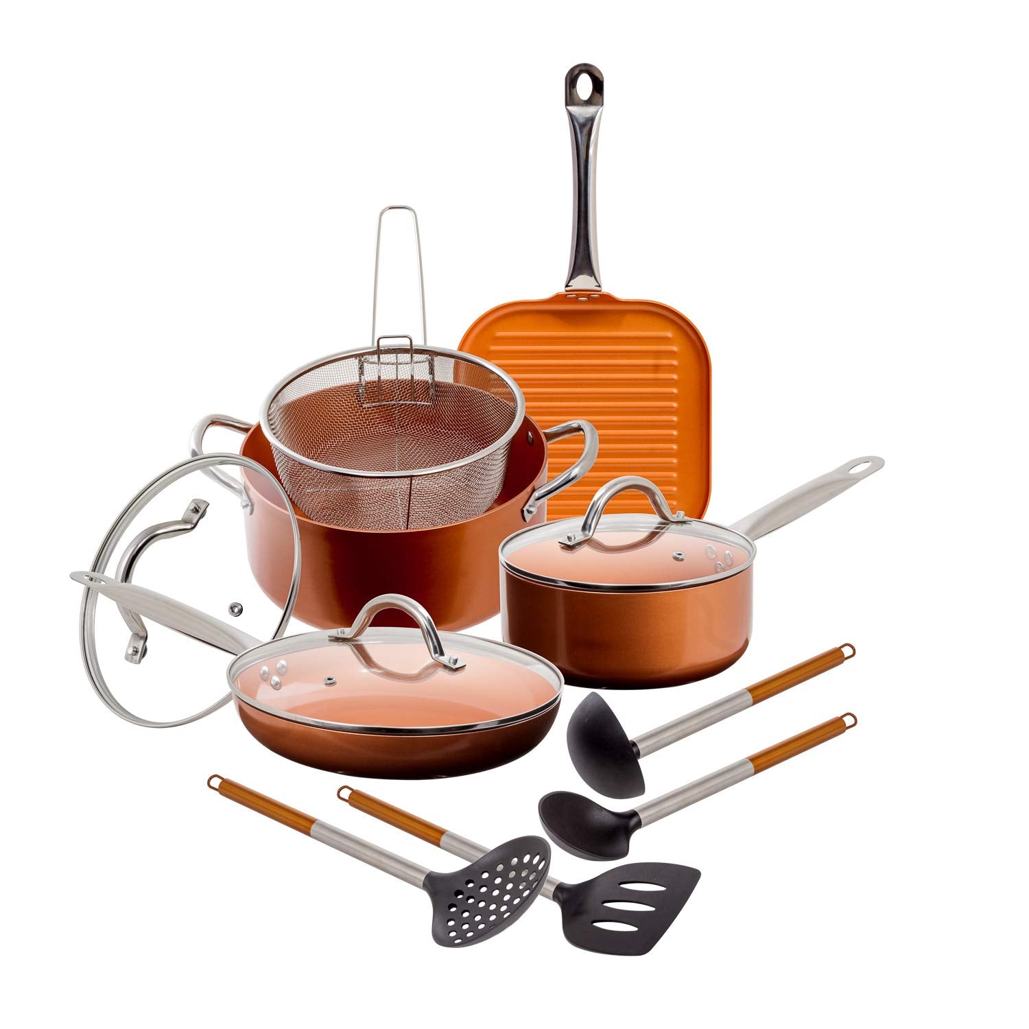 12 Pc Copper Ceramic Nonstick Cookware Set Fry Sauce Pan W/ Glass Lids Utensils