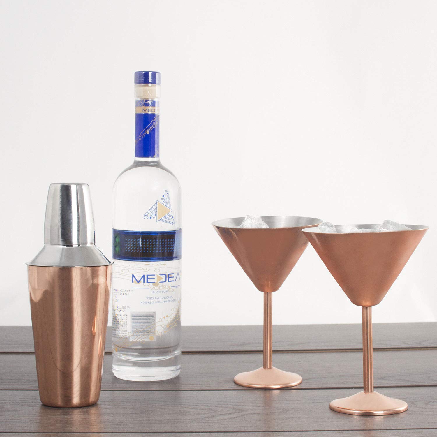 3 pc Copper Stainless Steel Martini Gift Set - 2 Large Martini Glasses and Shaker Set - Copper Martini Shaker Set (Copper)