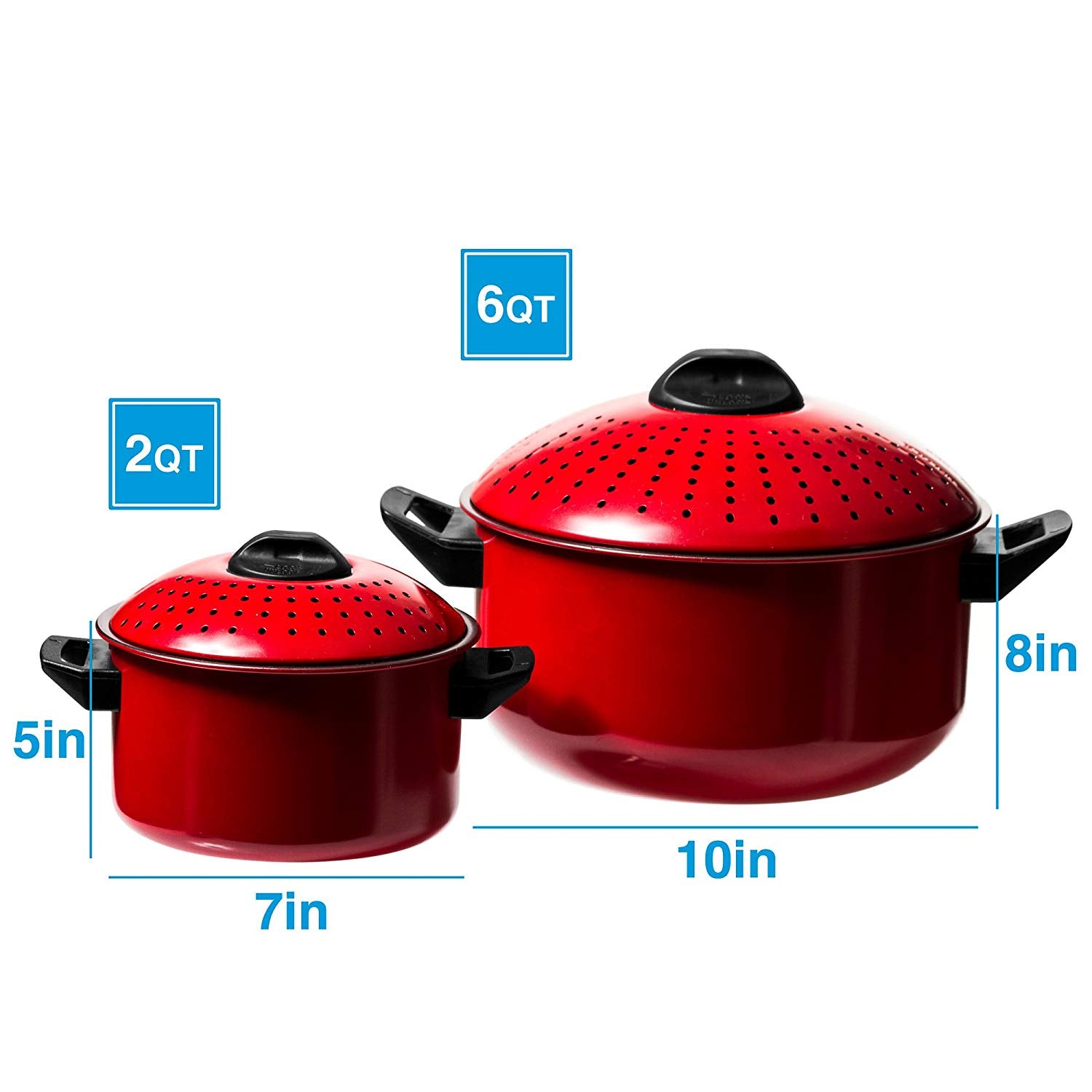 2 Pc Chef Quality Pasta Pot with Strainer Lid - 6 Qt & 2 Qt Red Stock Pot or Pasta Cooker