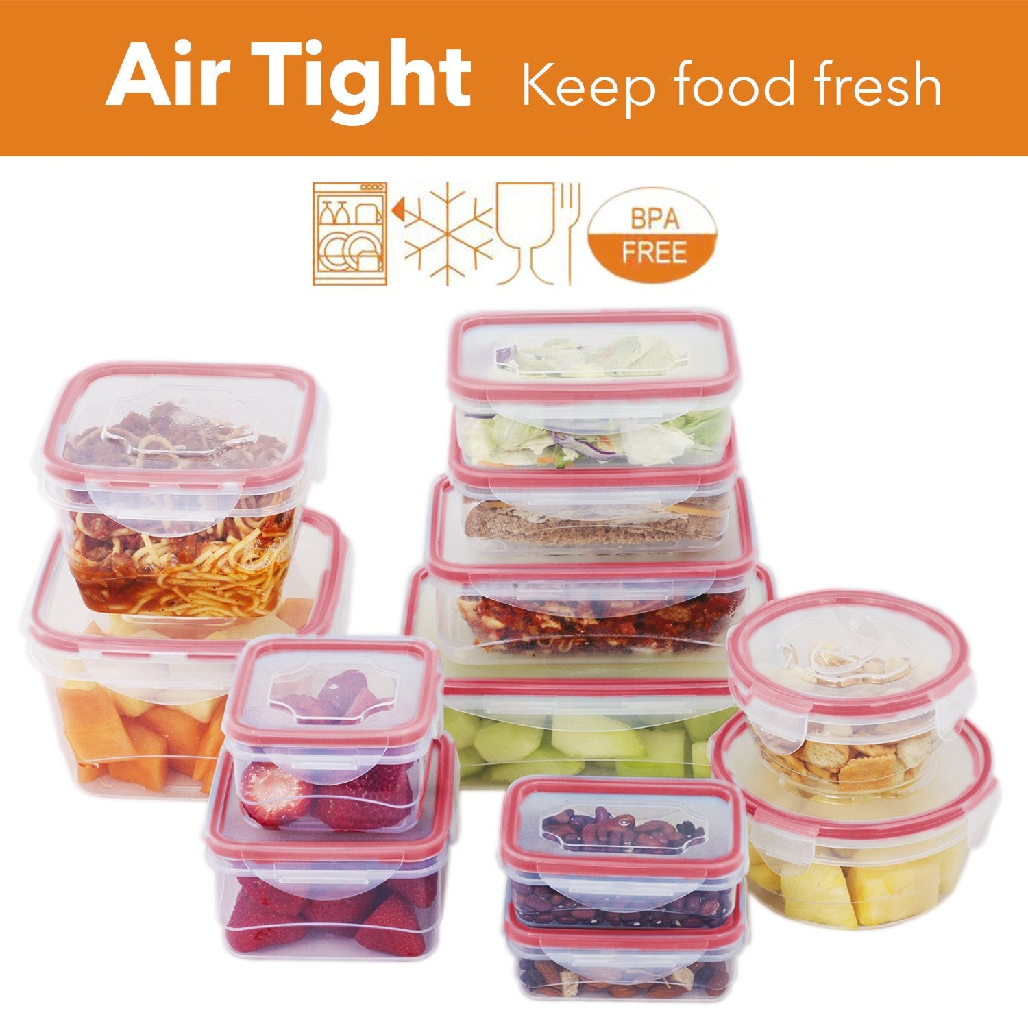 24 Pc Reusable Kitchen Containers w/Vented Lids - Plastic Food Containers - School Office Work Microwavable Containers (Red Lids)