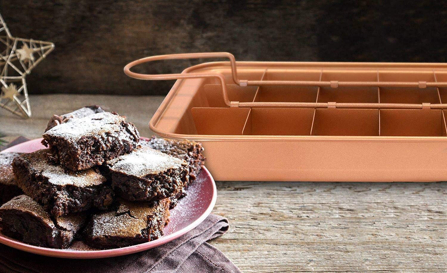 Copper Brownie Pan – 3 pc Perfect Brownie Pan Set - Pan for Brownies with Dividers, Pan, and Serving Plate