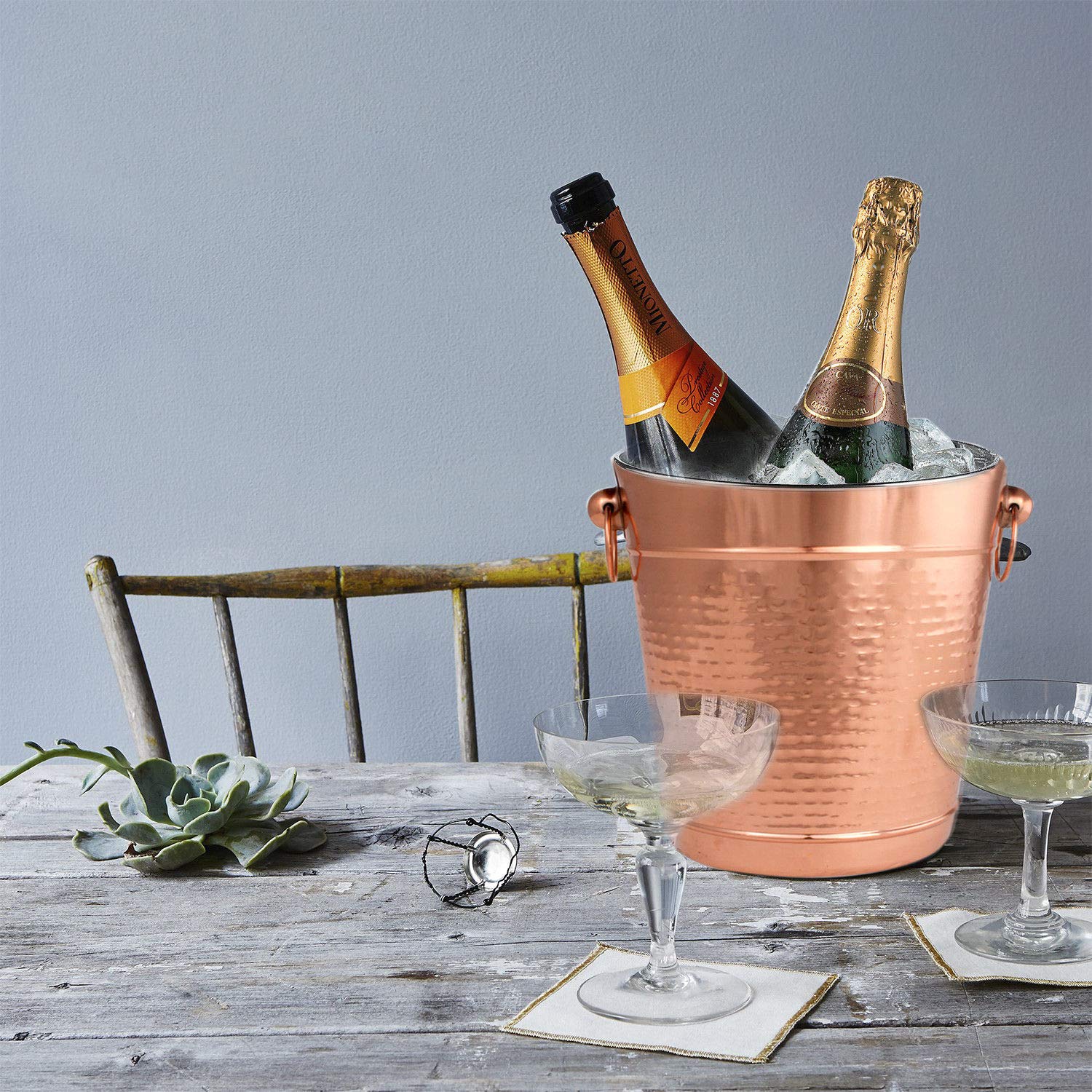 Copper Stainless Steel Champagne Bucket - Hammered Wine Bottle Cooler Ice Bucket