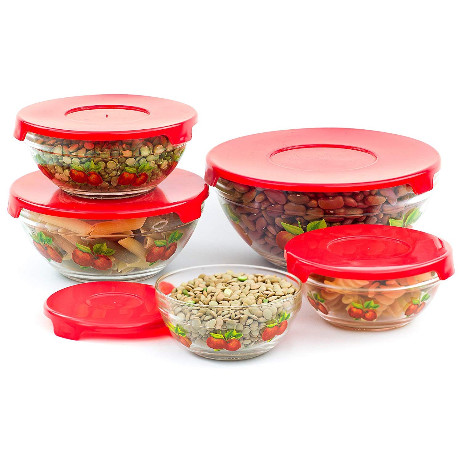 5 Pcs Nested Glass Mixing Bowls Set With Apple Design and Red Lids - Set of 5 Glass Food Storage Containers