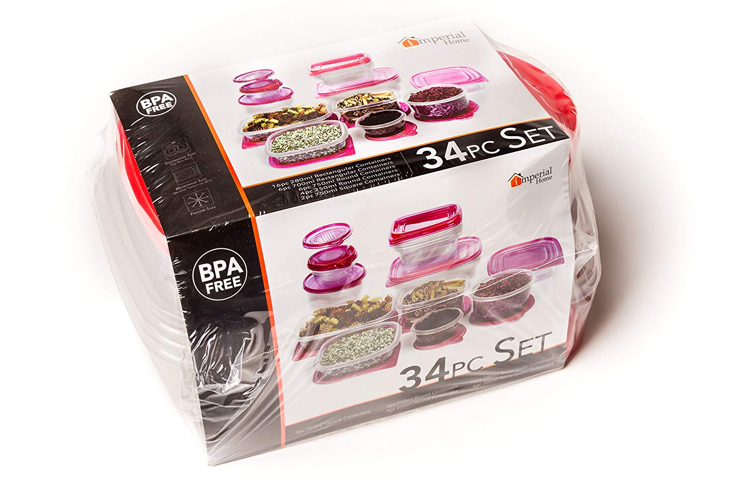 34 Pc Plastic Food Containers Set - 17 Storage Leftovers Container w/ Red Lids