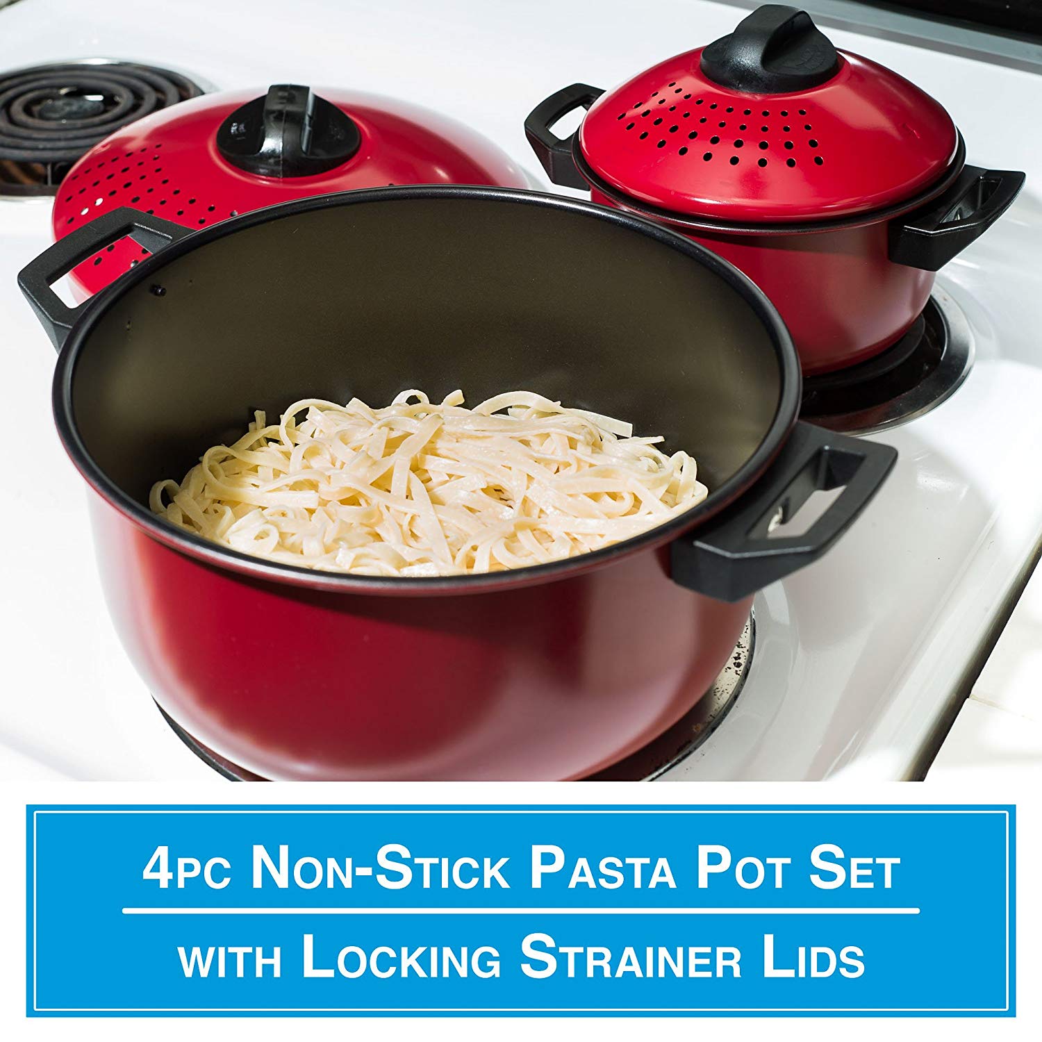 2 Pc Chef Quality Pasta Pot with Strainer Lid - 6 Qt & 2 Qt Red Stock Pot or Pasta Cooker