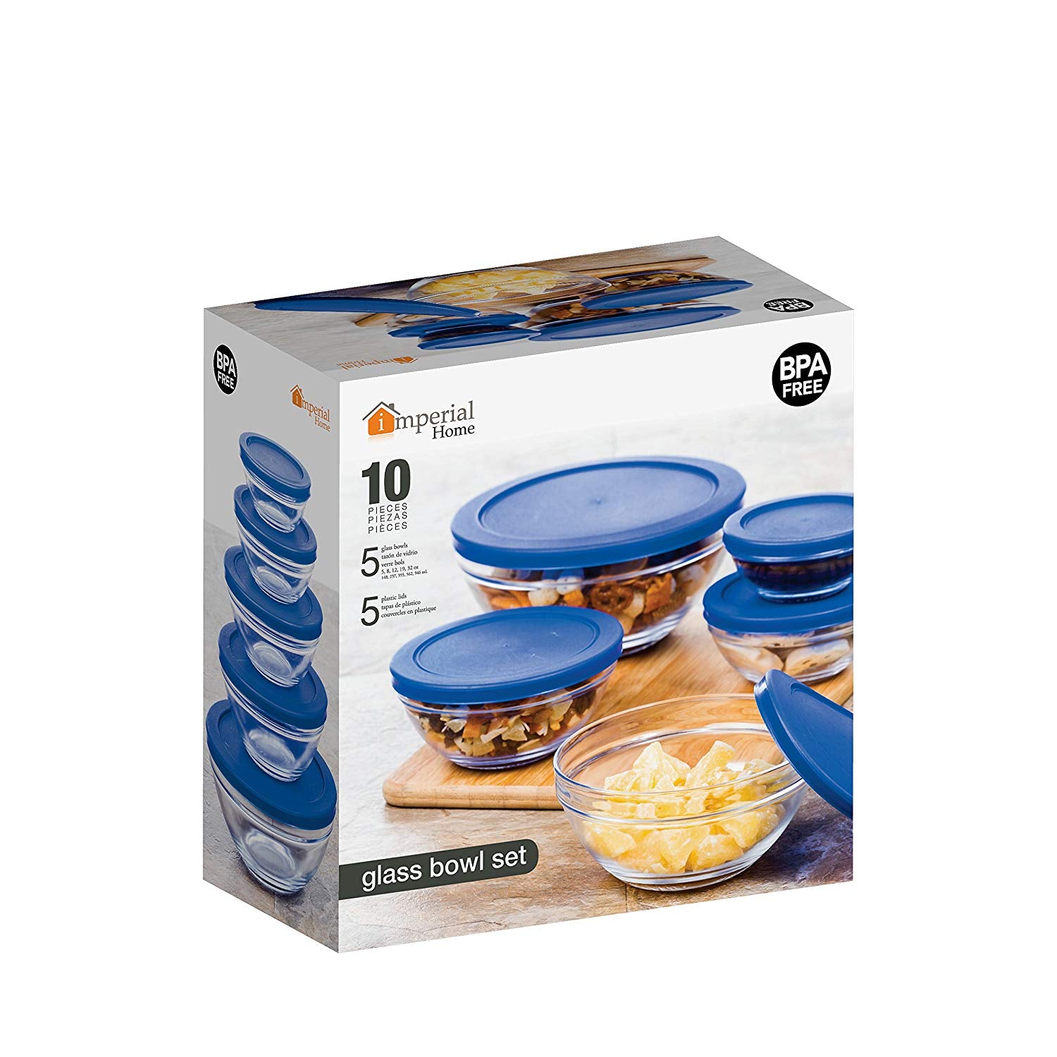 10 Pcs Airtight Glass Bowl Set With Lids BPA Free - (Blue)