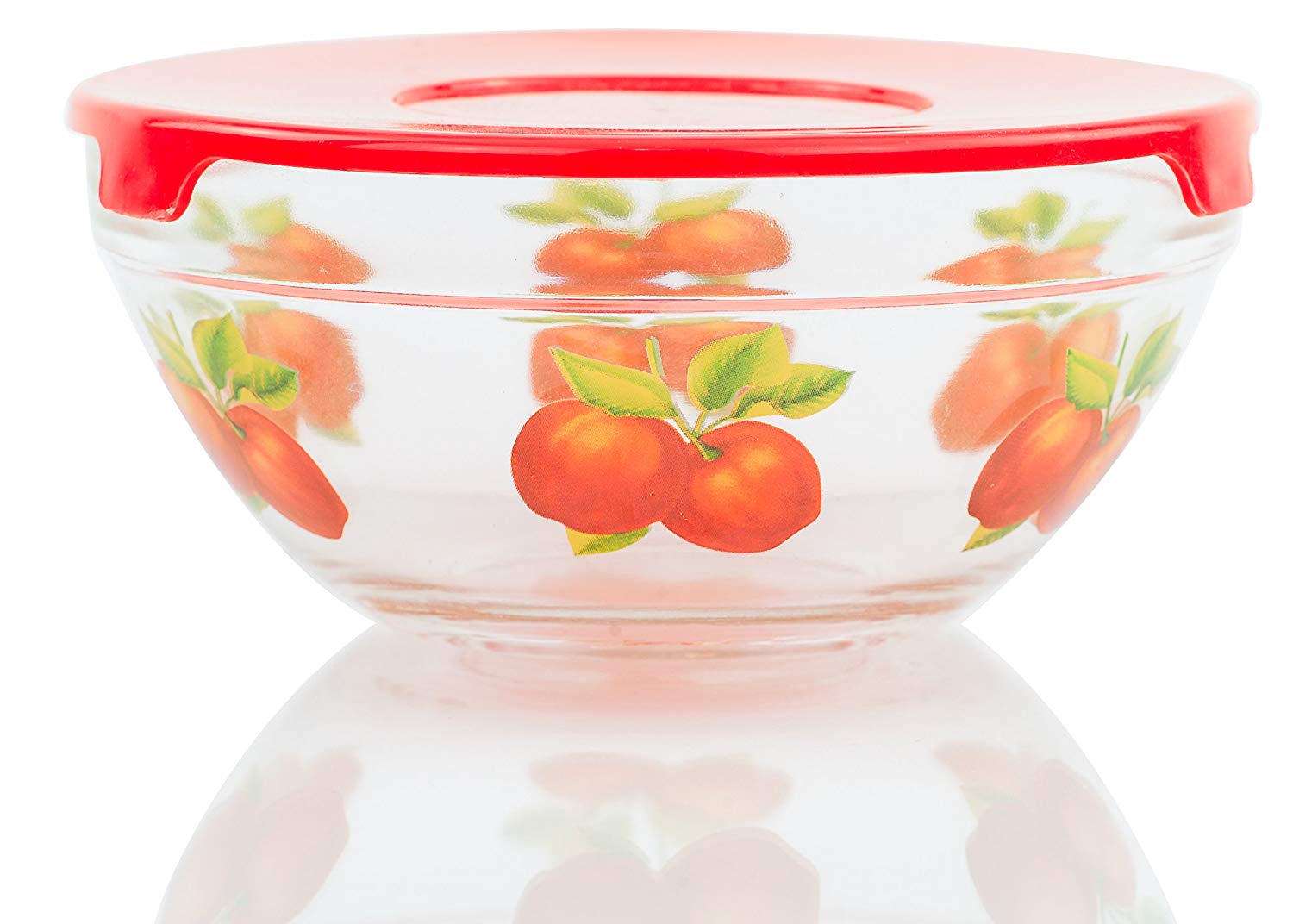 5 Pcs Nested Glass Mixing Bowls Set With Apple Design and Red Lids - Set of 5 Glass Food Storage Containers