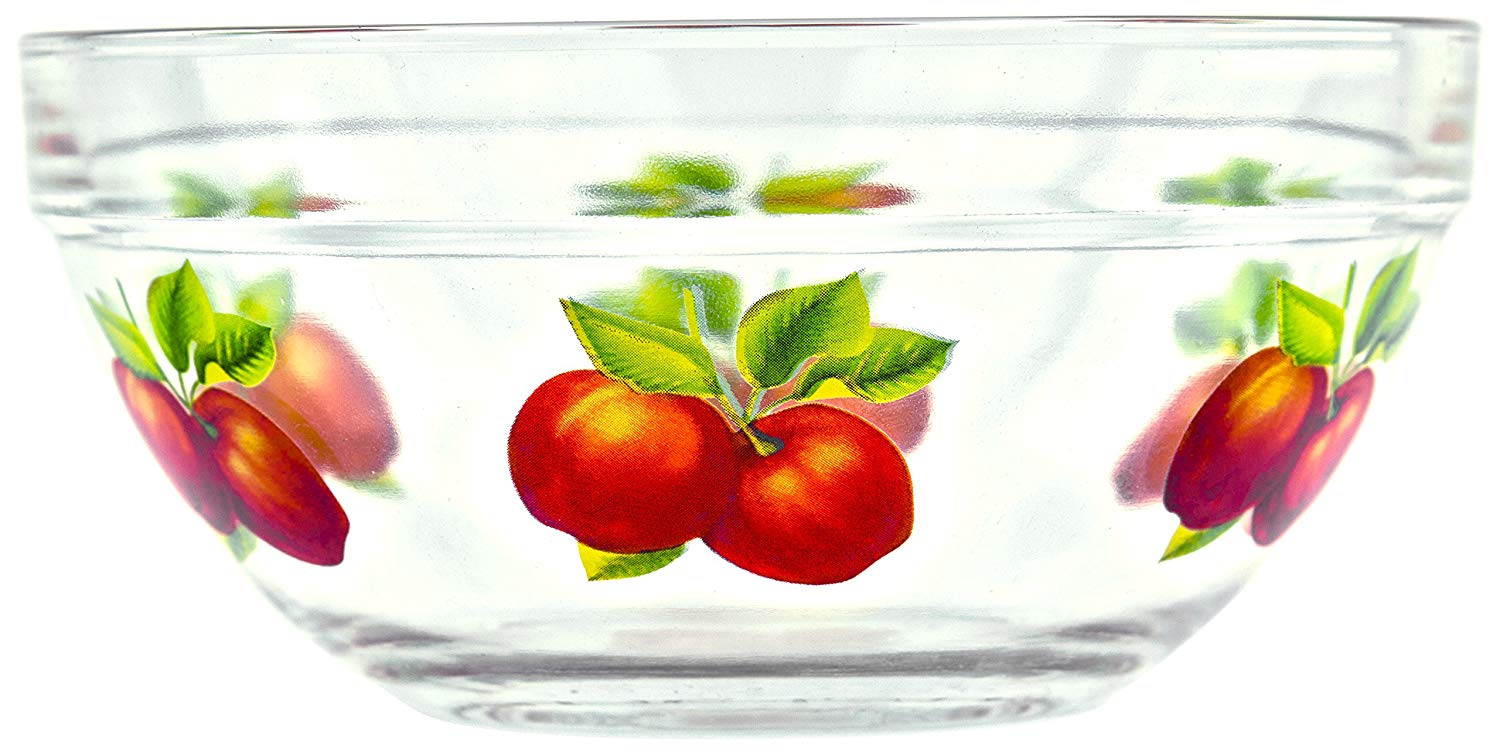 5 Pcs Nested Glass Mixing Bowls Set With Apple Design and Red Lids - Set of 5 Glass Food Storage Containers