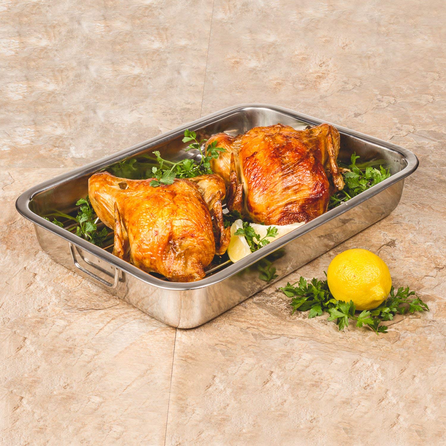 Roasting Pan - Heavy Duty Stainless Steel 16" Lasagna Turkey Roaster Pan W/ Rack