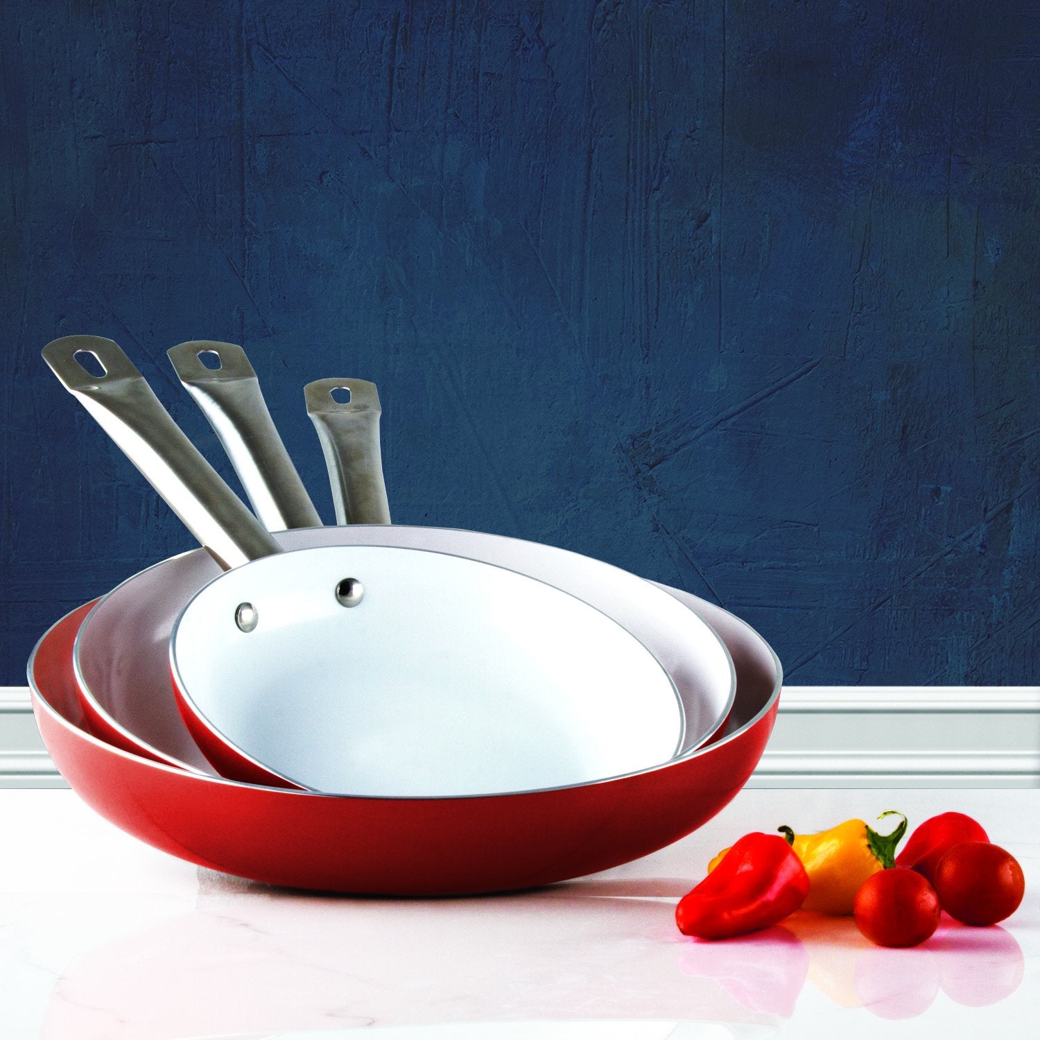 Healthy Nonstick Ceramic Coated Frying Pan - 3 Pcs Eco Friendly Durable Fry Pan Cookware Set (8", 10" & 12" Pans) (Red Stainless Steel)
