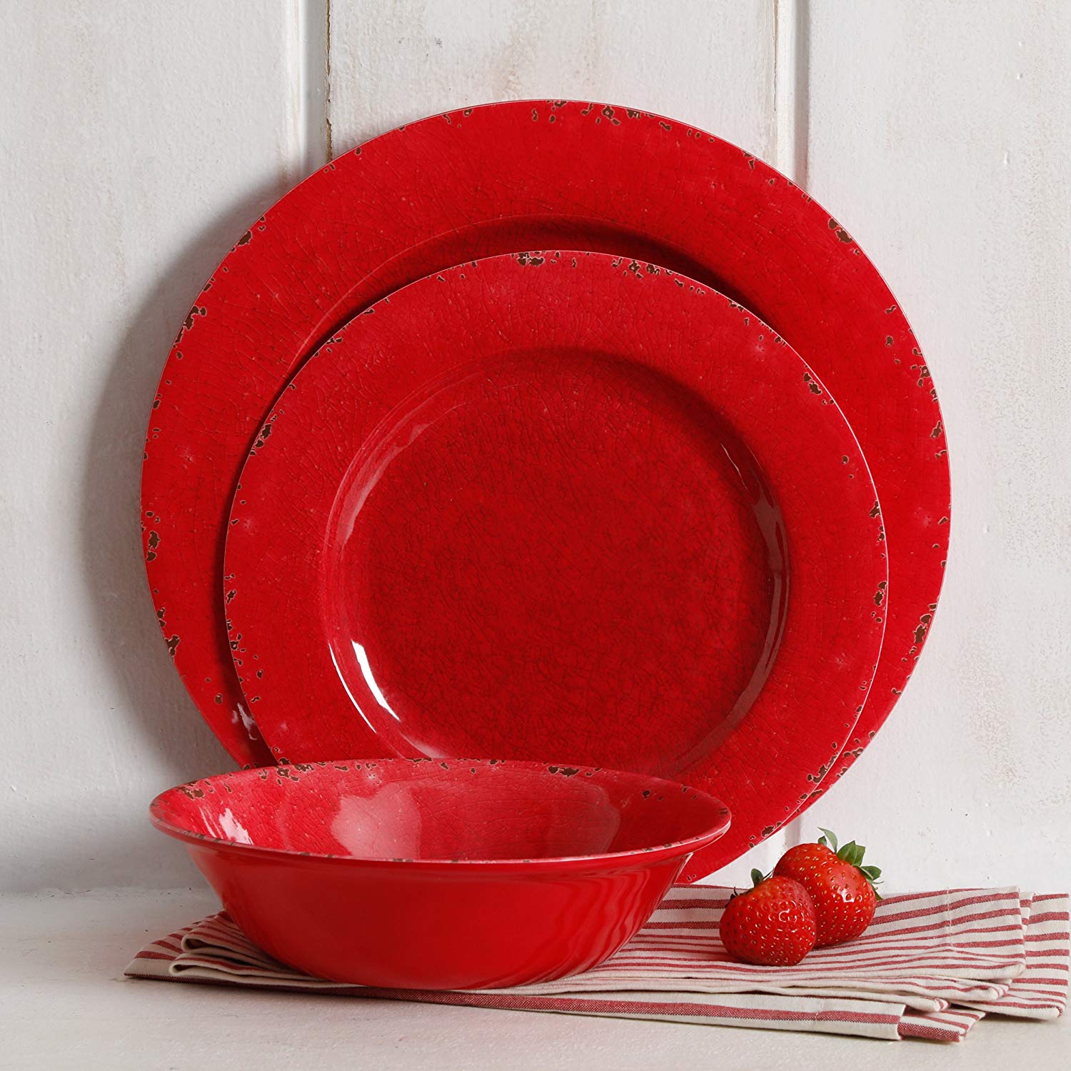 Gibson Studio Mauna Heavy Weight Melamine Dinnerware Set (12 Piece), Red Rustic (Pack of 12)