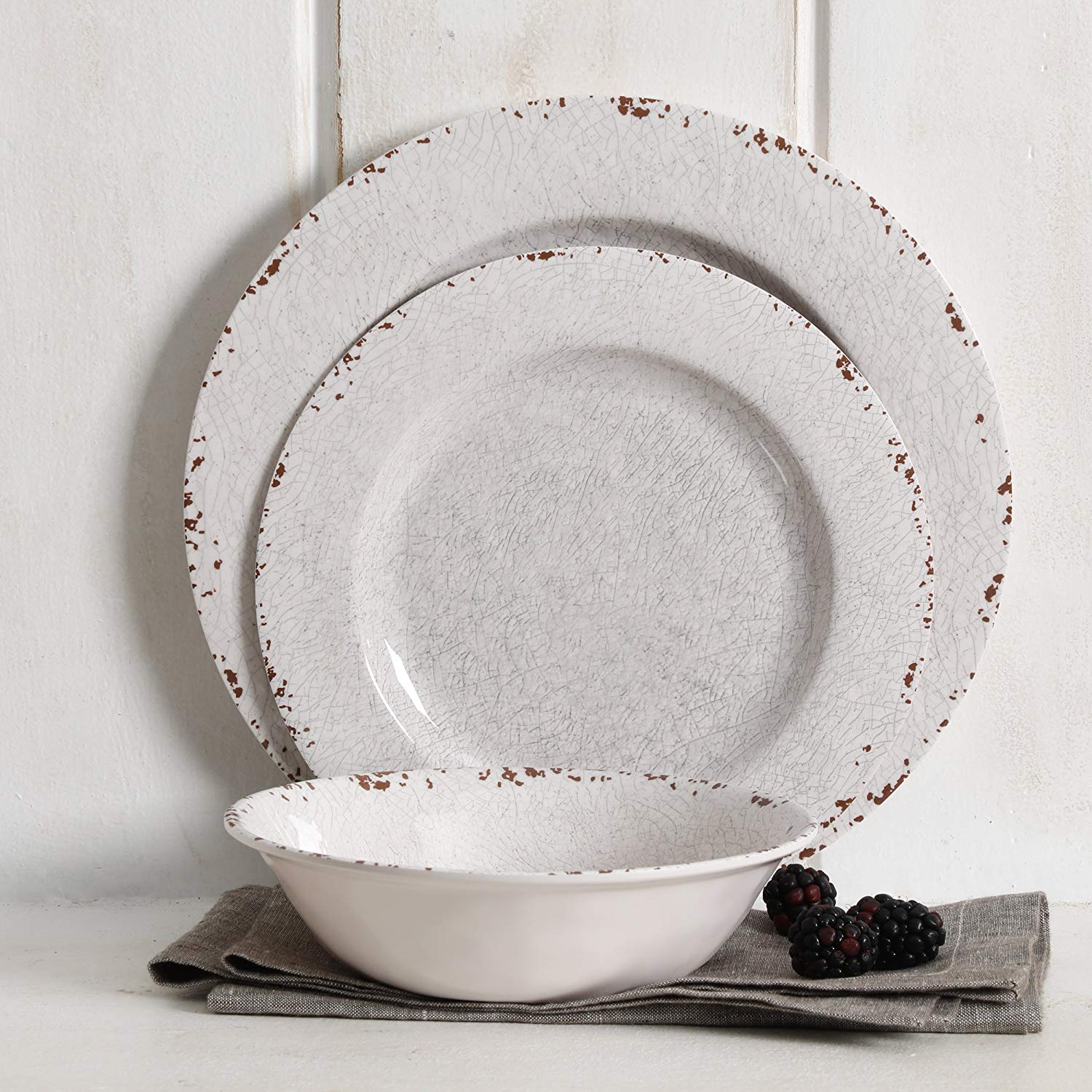Gibson Studio 114334.12 Mauna 12 Piece Heavy Weight Melamine Dinnerware Set, Ice Rustic