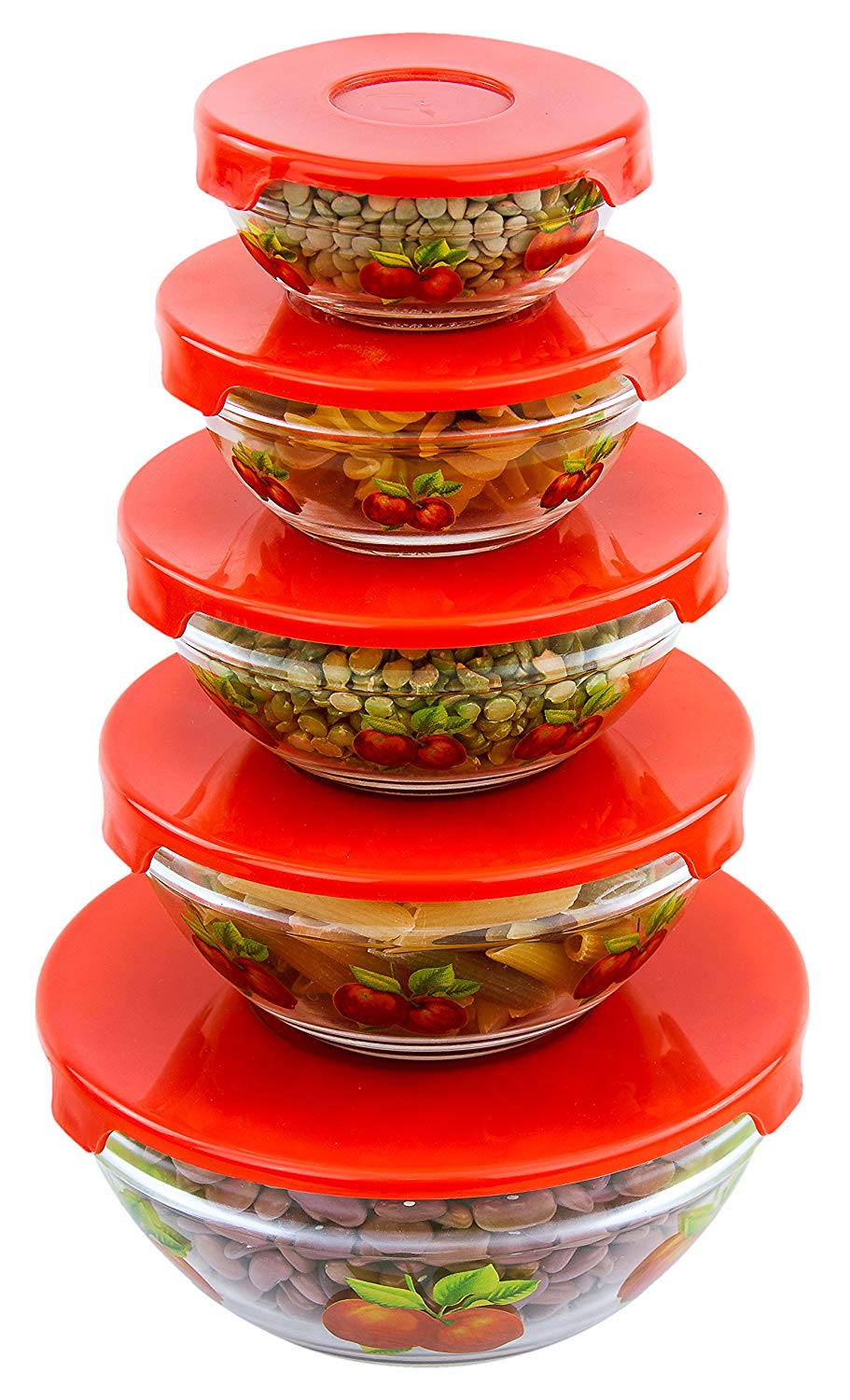 5 Pcs Nested Glass Mixing Bowls Set With Apple Design and Red Lids - Set of 5 Glass Food Storage Containers