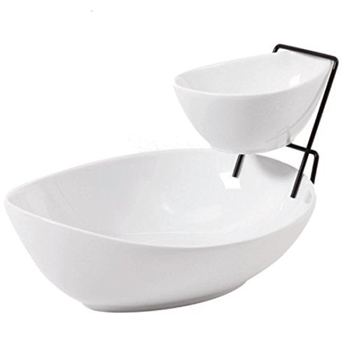 Ceramic Chip and Dip Serving Bowl set - Chips Bowl With Dip Sauce Bowl & Rack