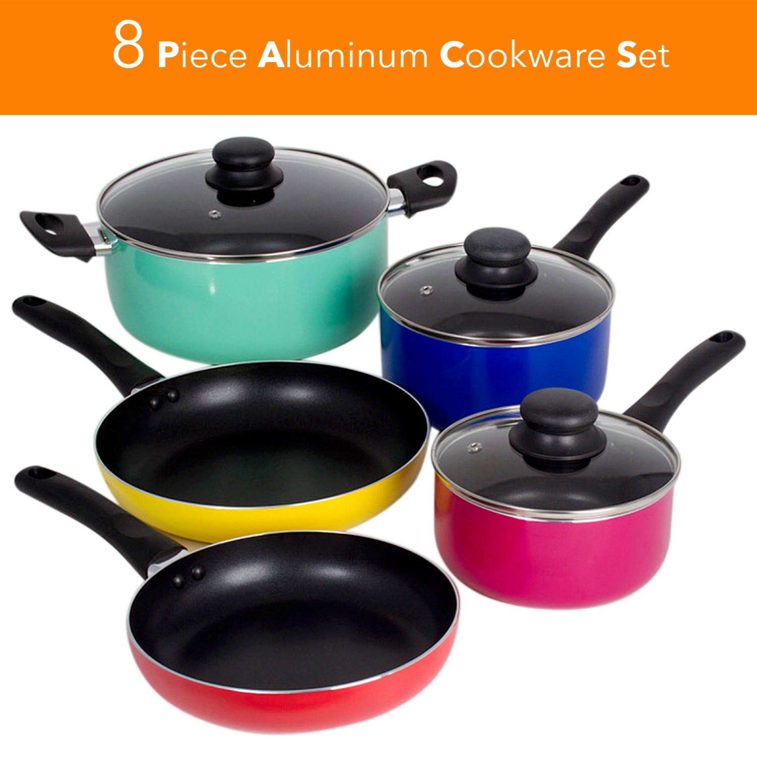 8 Piece Rainbow Nonstick Cookware Set Kitchen Pots Sauce Fry Pan With Glass Lid