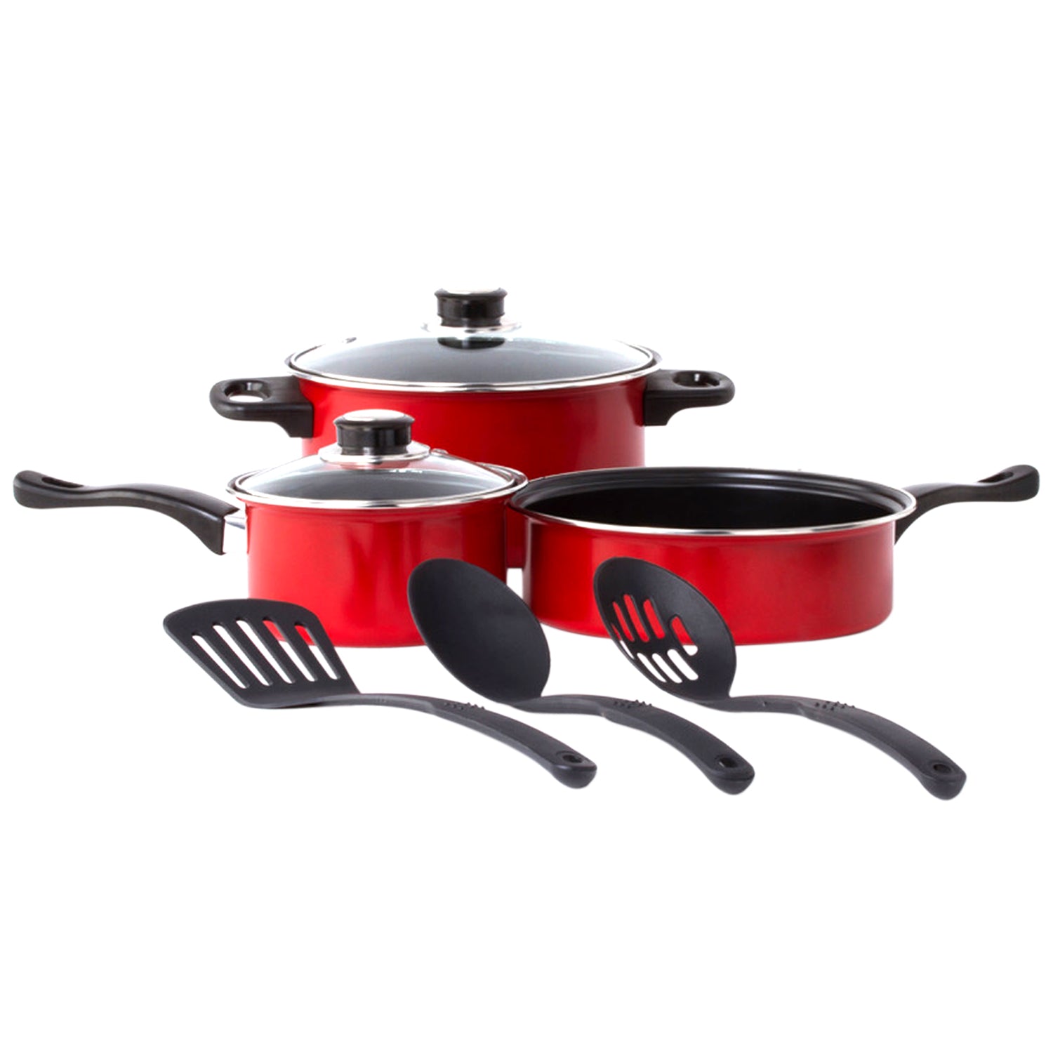 Non Stick Cookware Set - Red Carbon Steel 8 Pcs Stock Pot Utensils Fry Sauce Pan