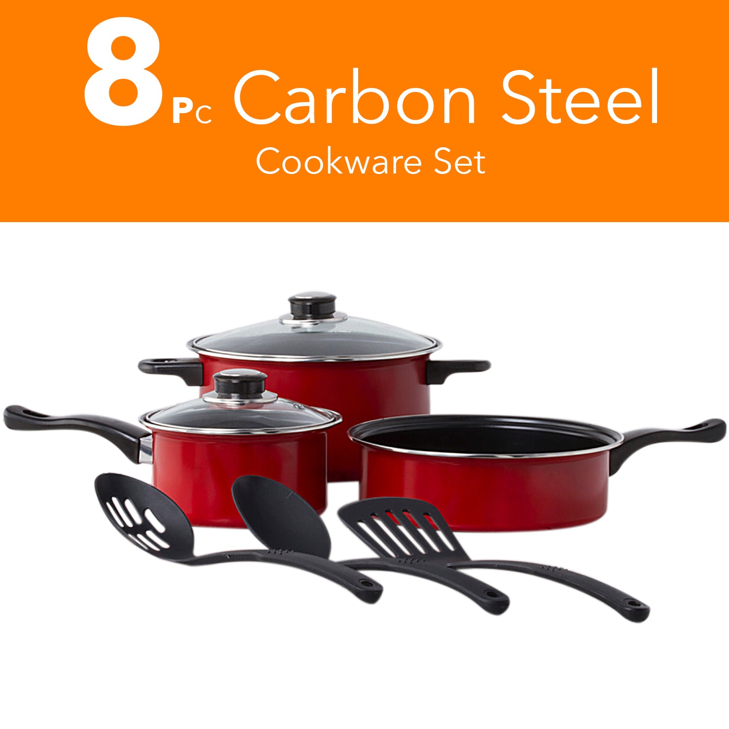 Non Stick Cookware Set - Red Carbon Steel 8 Pcs Stock Pot Utensils Fry Sauce Pan