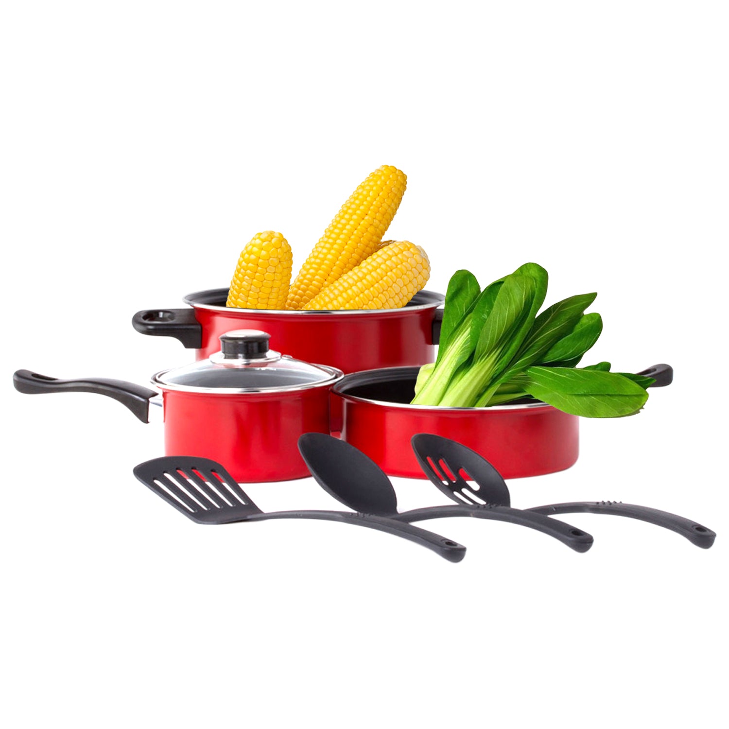 Non Stick Cookware Set - Red Carbon Steel 8 Pcs Stock Pot Utensils Fry Sauce Pan
