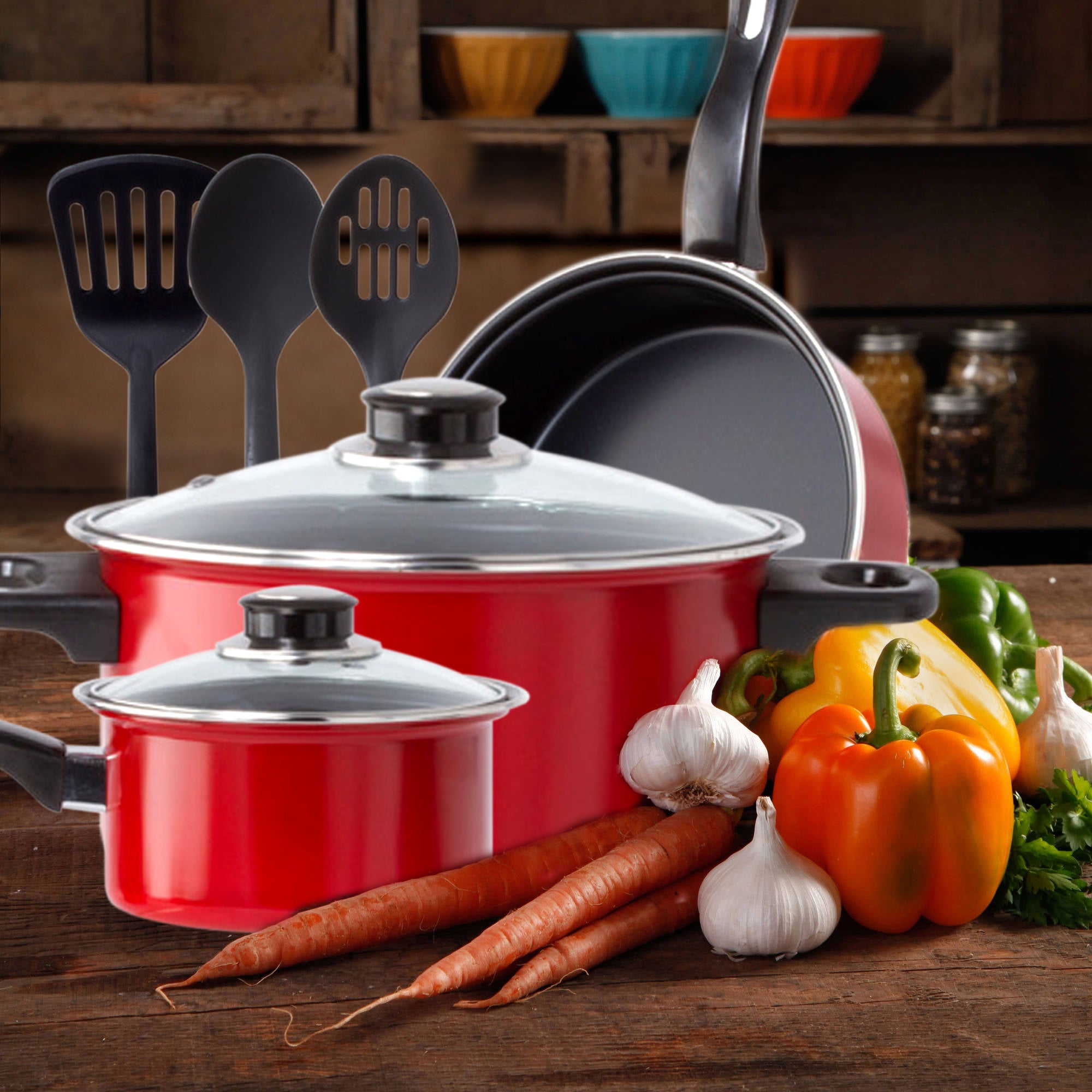 Non Stick Cookware Set - Red Carbon Steel 8 Pcs Stock Pot Utensils Fry Sauce Pan