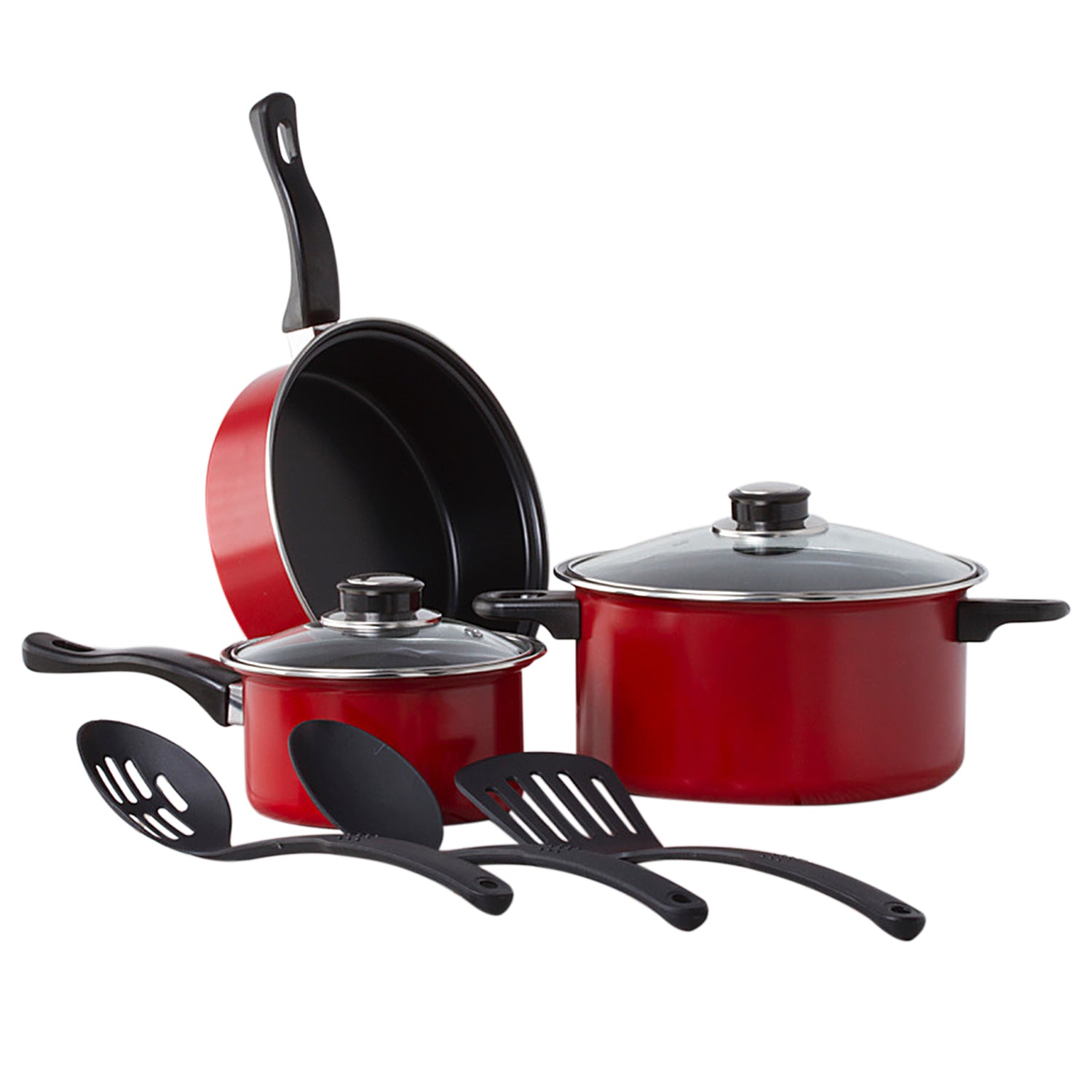 Non Stick Cookware Set - Red Carbon Steel 8 Pcs Stock Pot Utensils Fry Sauce Pan