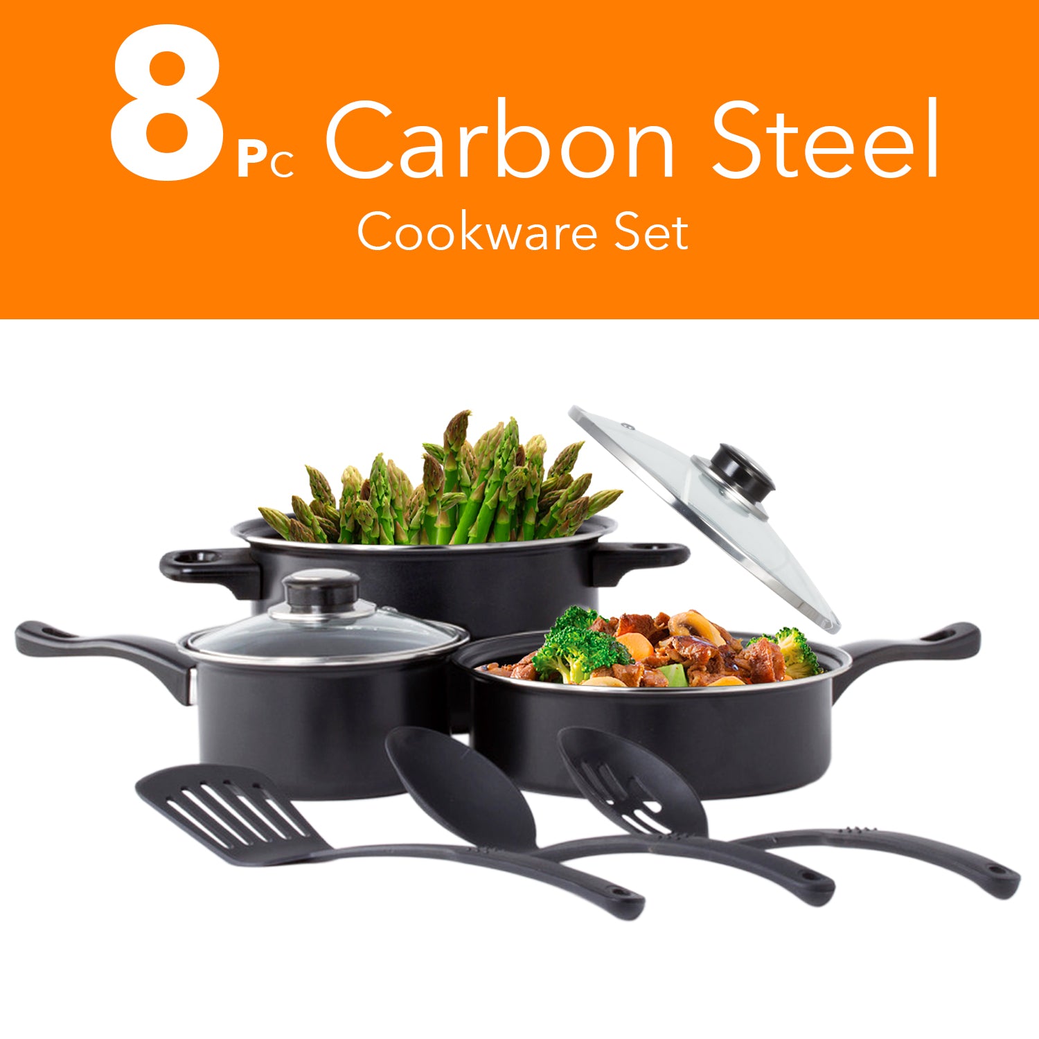 8 Pc Carbon Steel Non Stick Cookware Set W/Utensils Dutch Oven Fry Sauce Pan - Carbon Steel Cookware Set - Carbon Steel Pans & Pots with Utensils (Black)