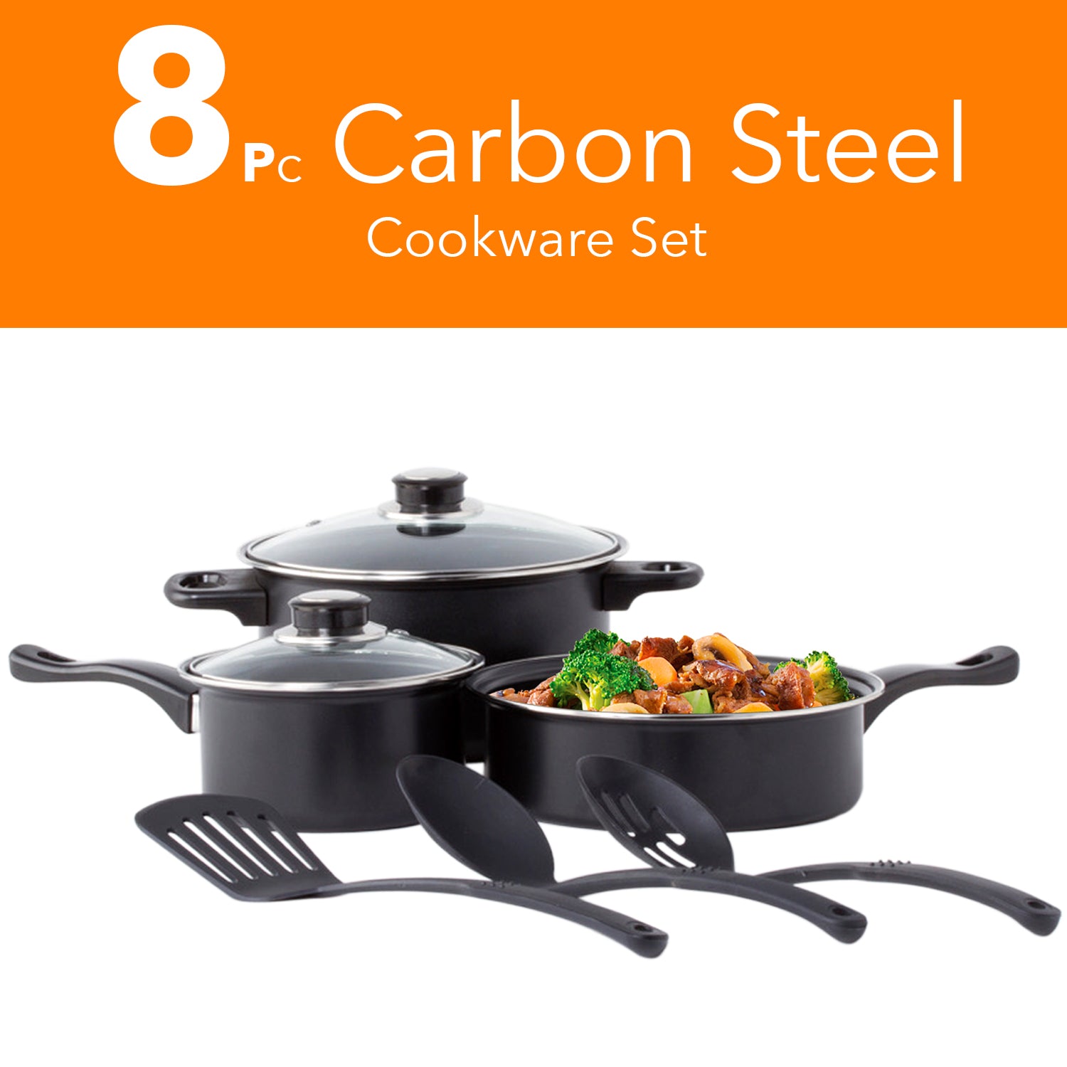 8 Pc Carbon Steel Non Stick Cookware Set W/Utensils Dutch Oven Fry Sauce Pan - Carbon Steel Cookware Set - Carbon Steel Pans & Pots with Utensils (Black)