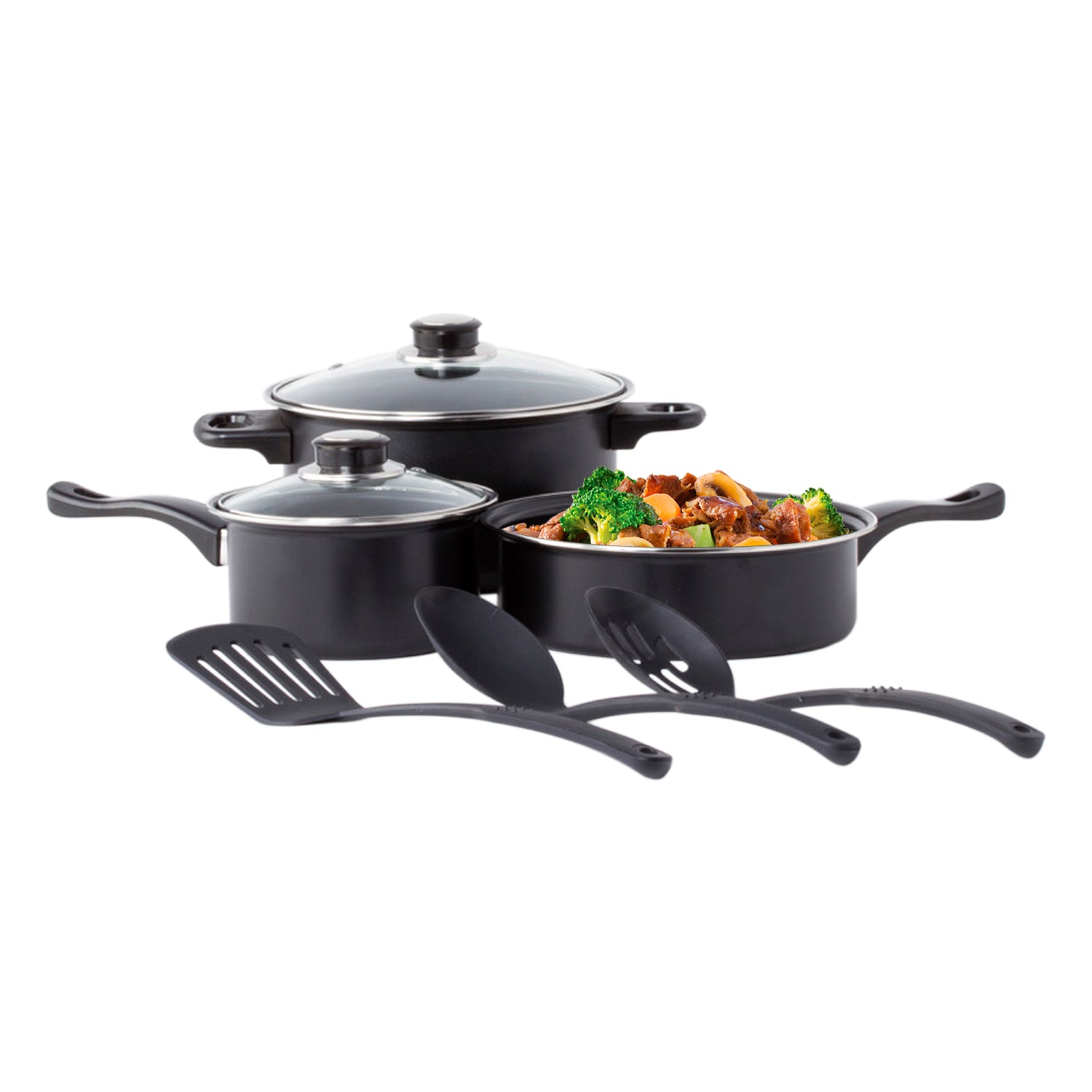 8 Pc Carbon Steel Non Stick Cookware Set W/Utensils Dutch Oven Fry Sauce Pan - Carbon Steel Cookware Set - Carbon Steel Pans & Pots with Utensils (Black)
