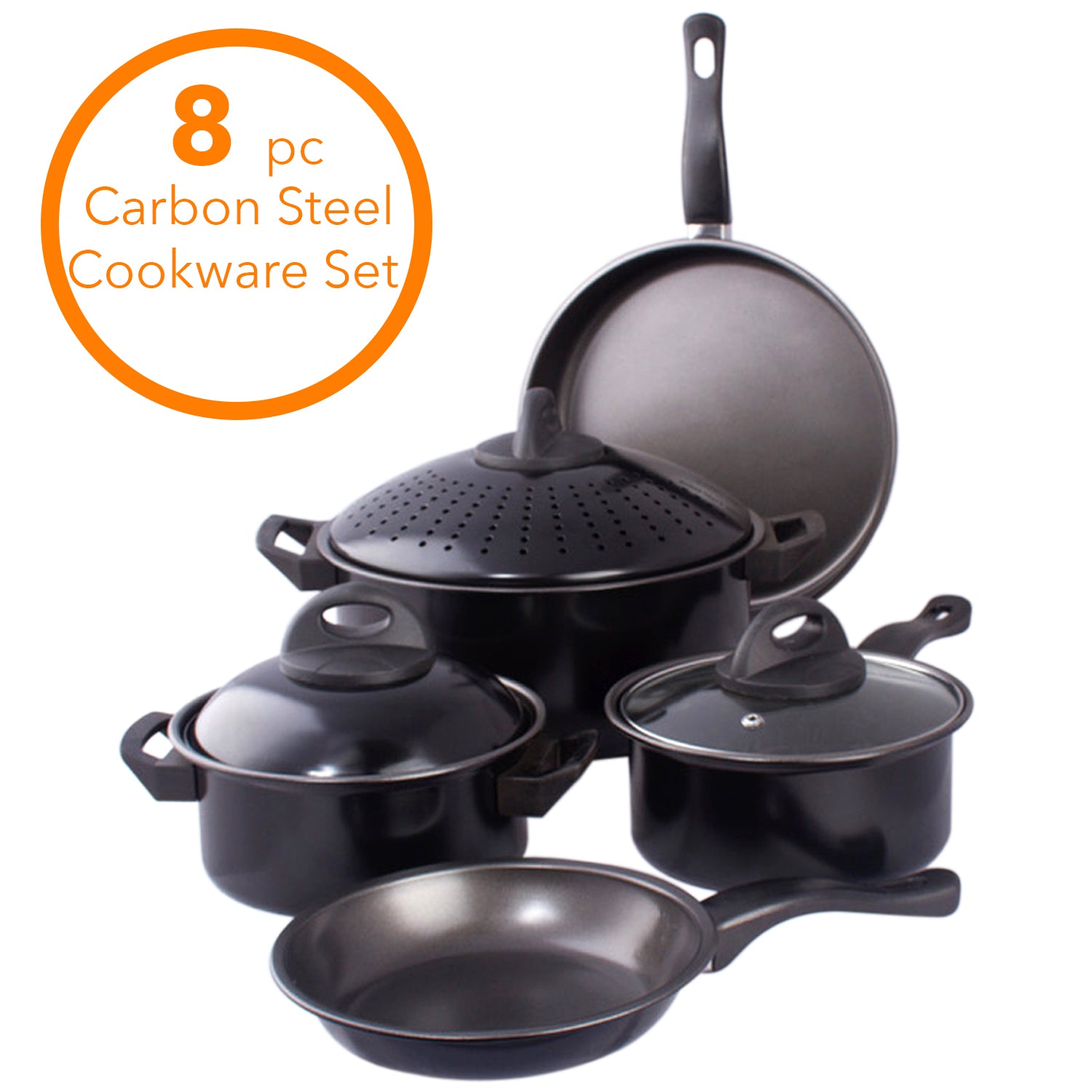 Cookware set Kitchen Pasta Pot W/ Strainer Lid Sauce Frying Pan 8 pcs. Set BLACK