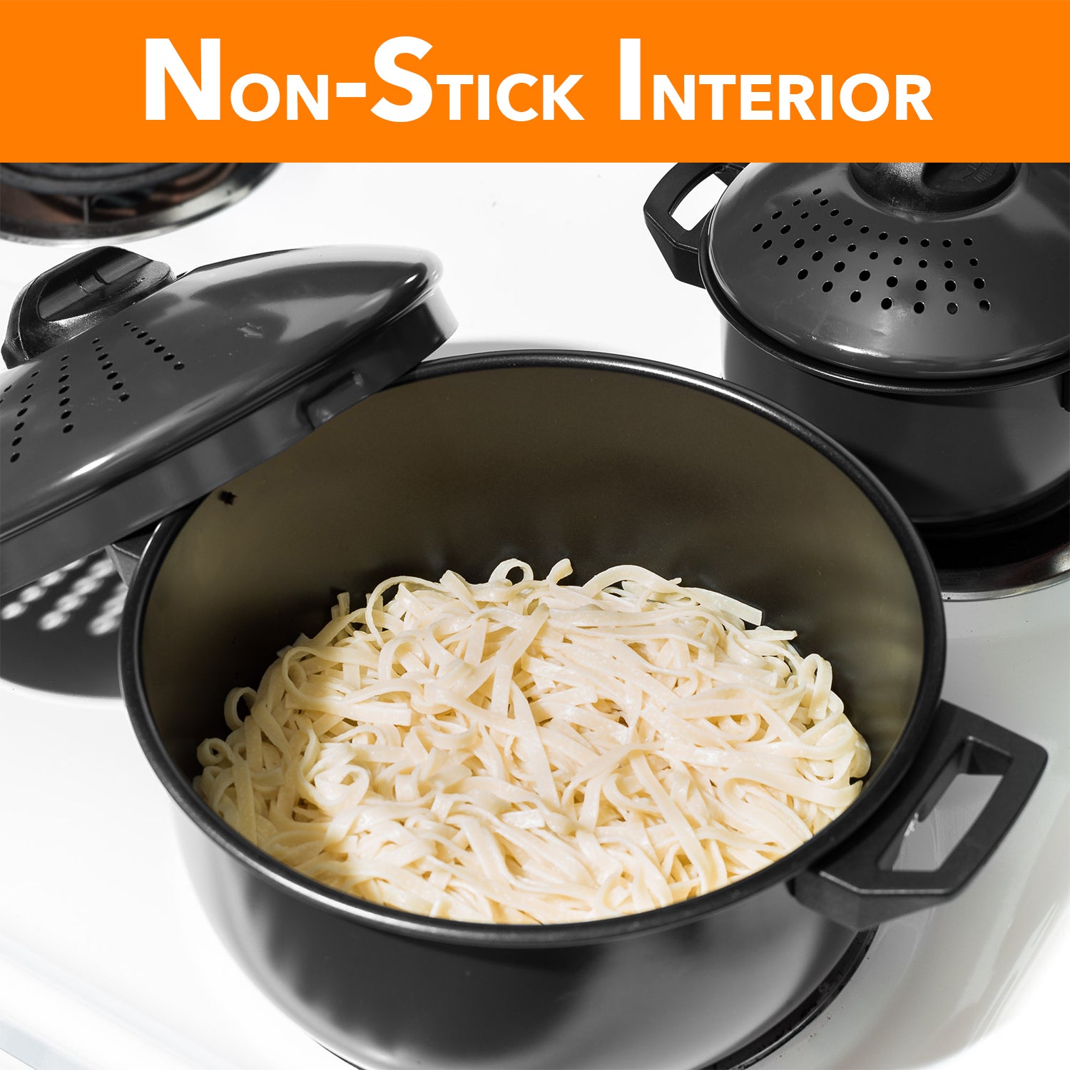 Cookware set Kitchen Pasta Pot W/ Strainer Lid Sauce Frying Pan 8 pcs. Set BLACK